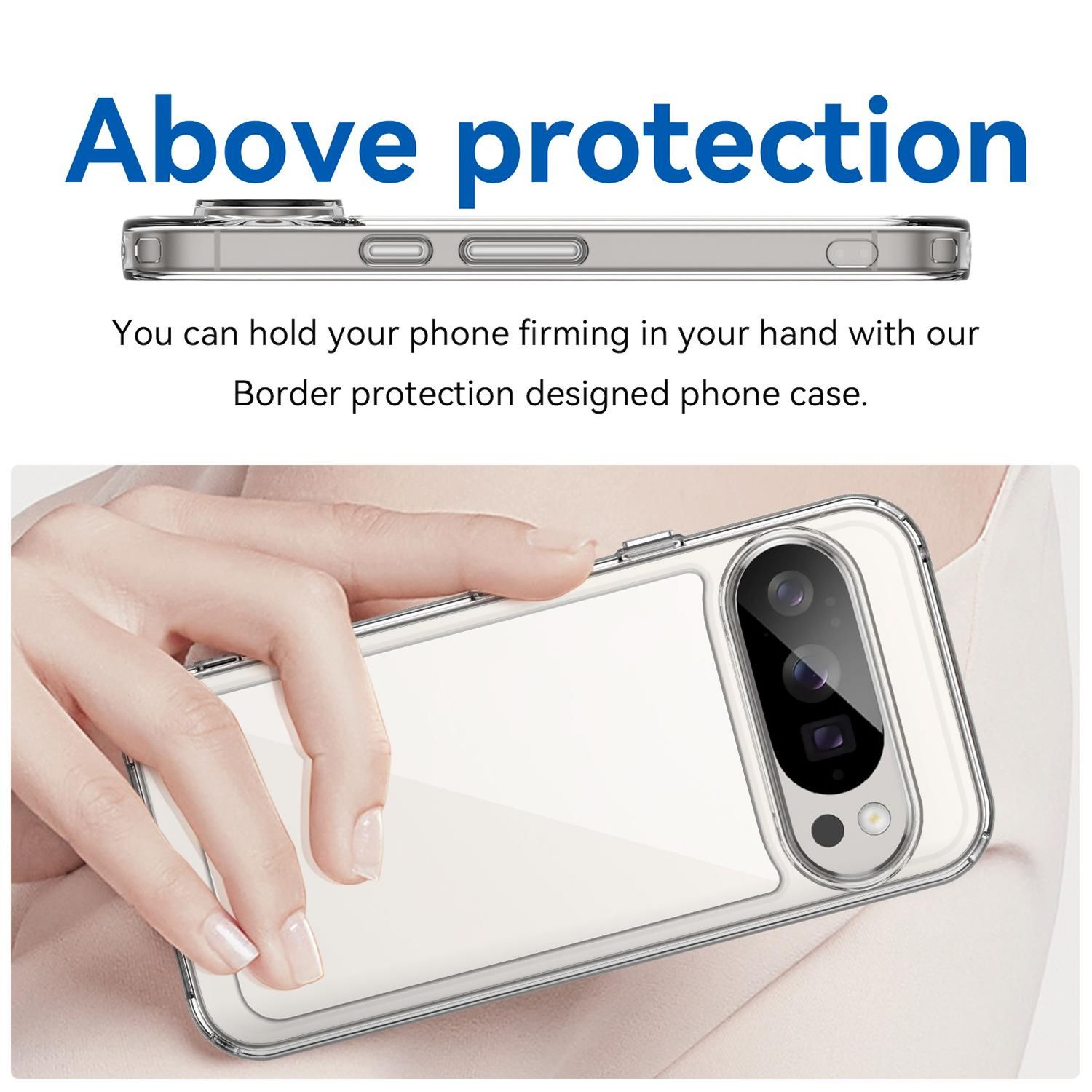 Eine transparente Handyhülle wird von einer Hand gehalten. Die Hülle schützt das Telefon. Text: 'Above protection'.