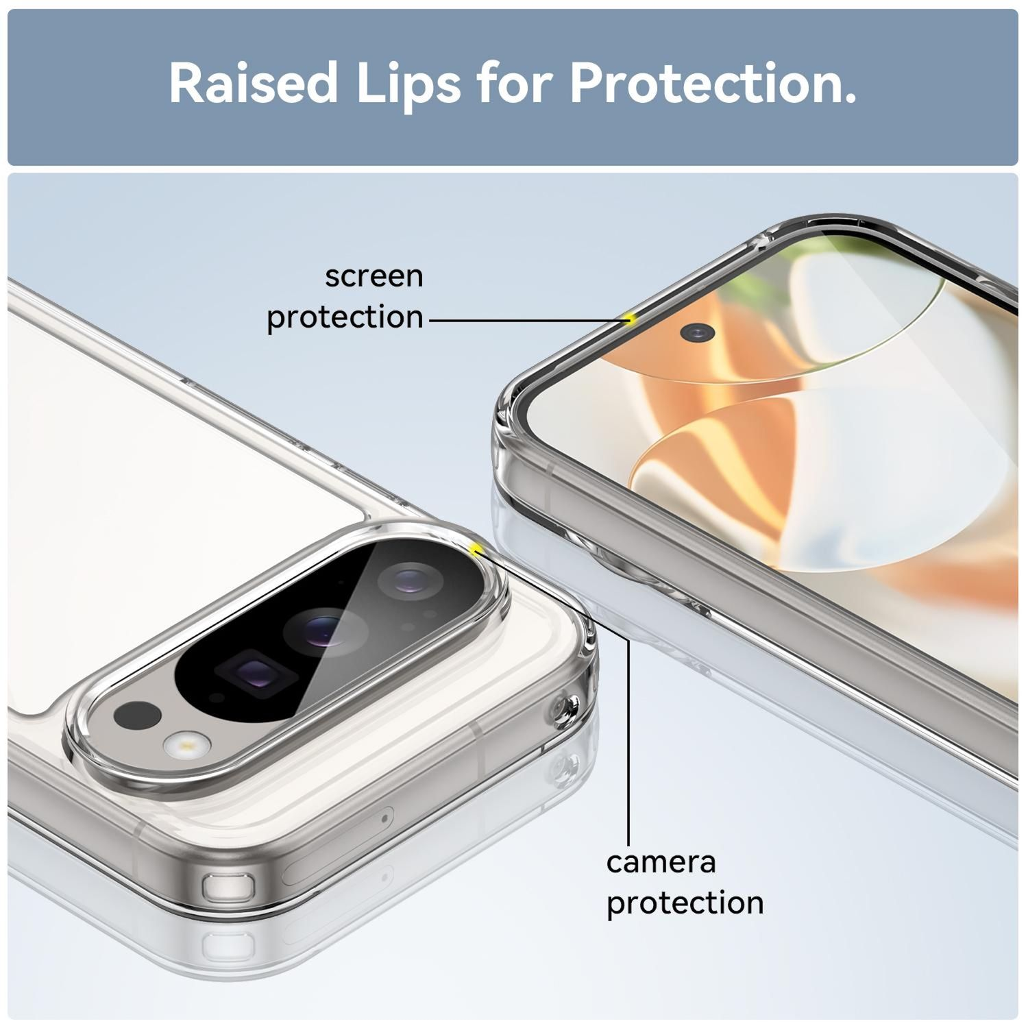 Nahaufnahme von Handyhüllen. Eine Hülle befindet sich auf einem Telefon mit Kameraschutz. Der Displayschutz ist ebenfalls sichtbar.