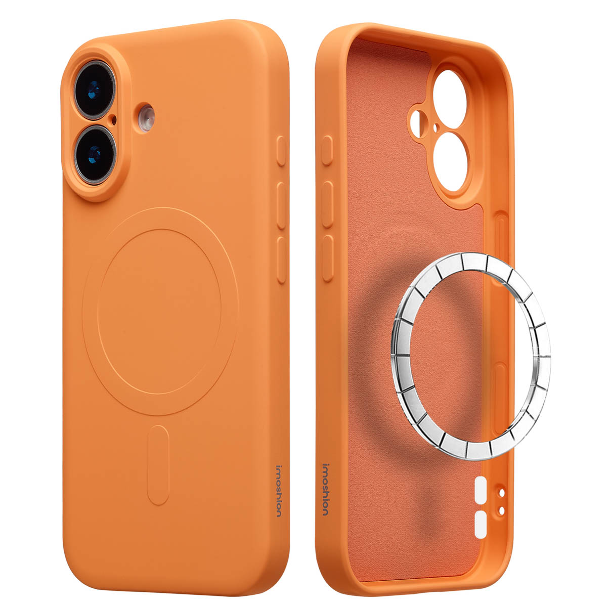 Coque de téléphone orange, ouverte et fermée, avec anneau magnétique. Intérieur doublé pêche clair.
