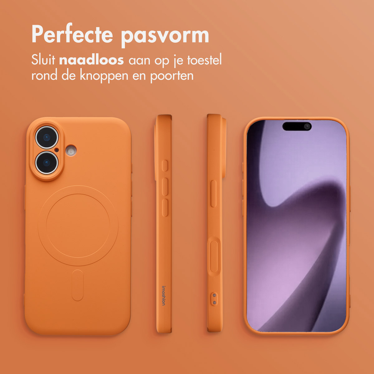 Coque de téléphone orange avec un écran de téléphone et vue latérale de la coque. Le texte en haut dit 'Ajustement parfait'.
