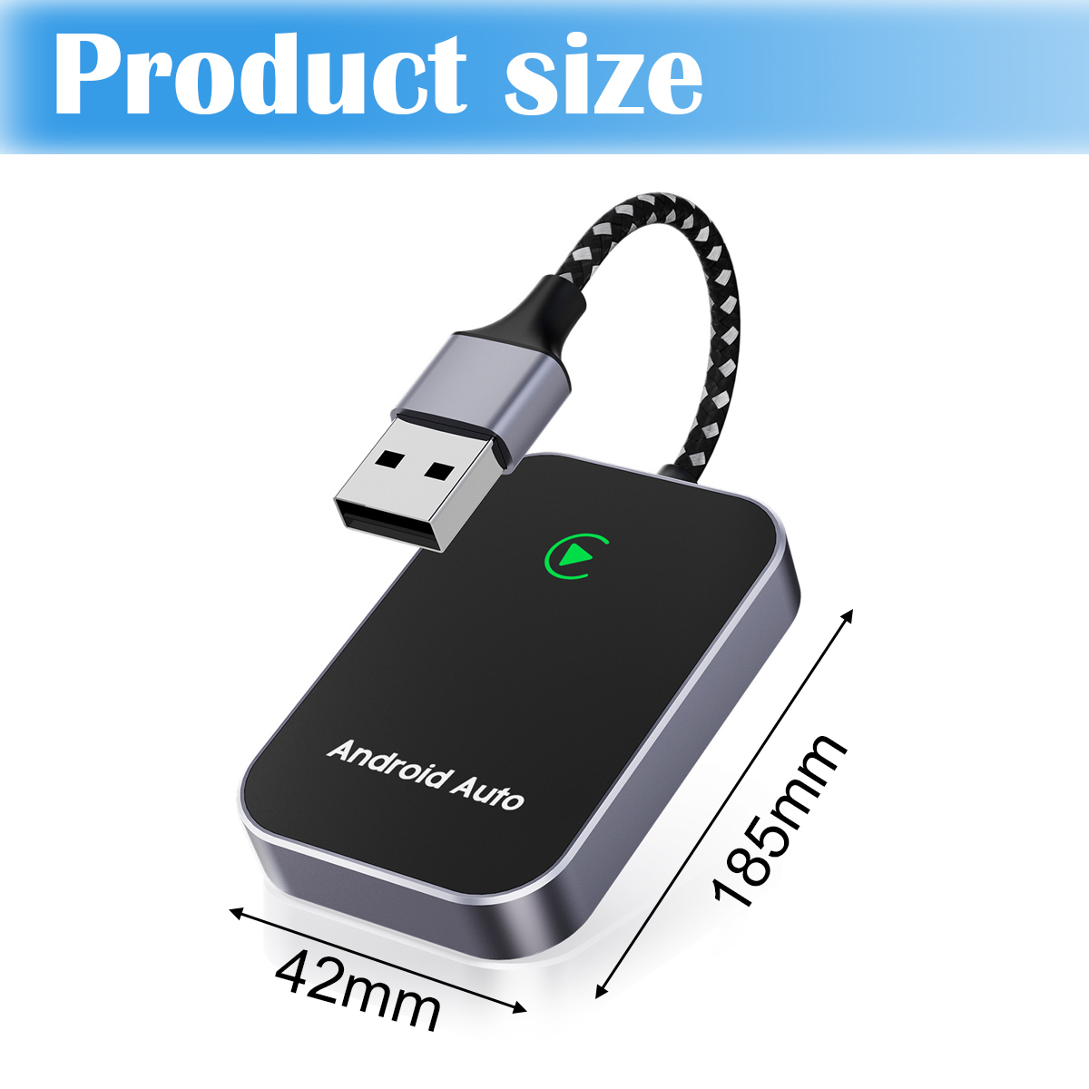 Schwarzes Android Auto-Gerät mit USB-Kabel, Abmessungen 42 mm x 185 mm. Grünes Wiedergabesymbol oben.