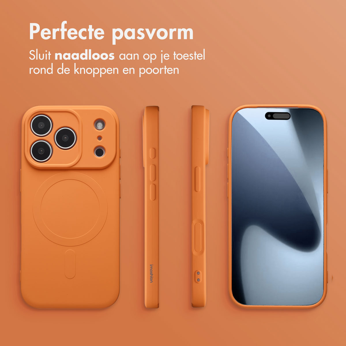 Oranje telefoonhoesje met telefoonscherm, drie zijaanzichten van de hoes en tekst in het Nederlands, alles op een oranje achtergrond.