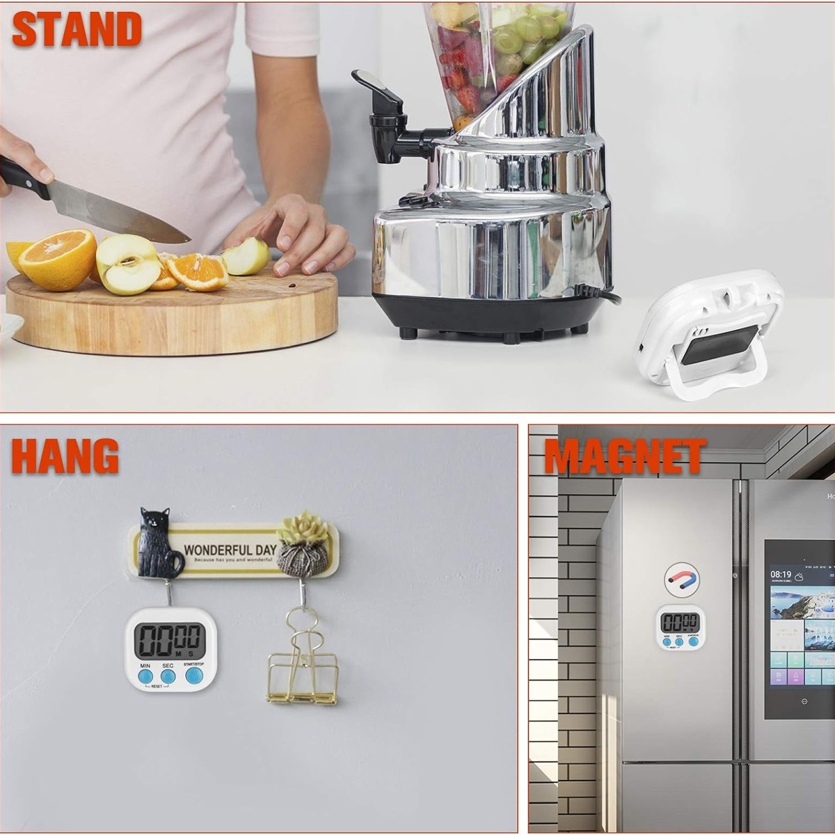 Eine Person schneidet Obst auf einem Holzbrett. Ein großer Mixer und ein Timer stehen auf dem Tisch. Der Hintergrund ist eine Küche.