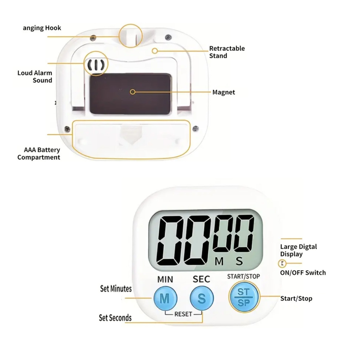 Weißer digitaler Küchentimer. Oben Haken, Batteriefach. Unten Anzeige, Tasten für Minuten, Sekunden, Start/Stopp.