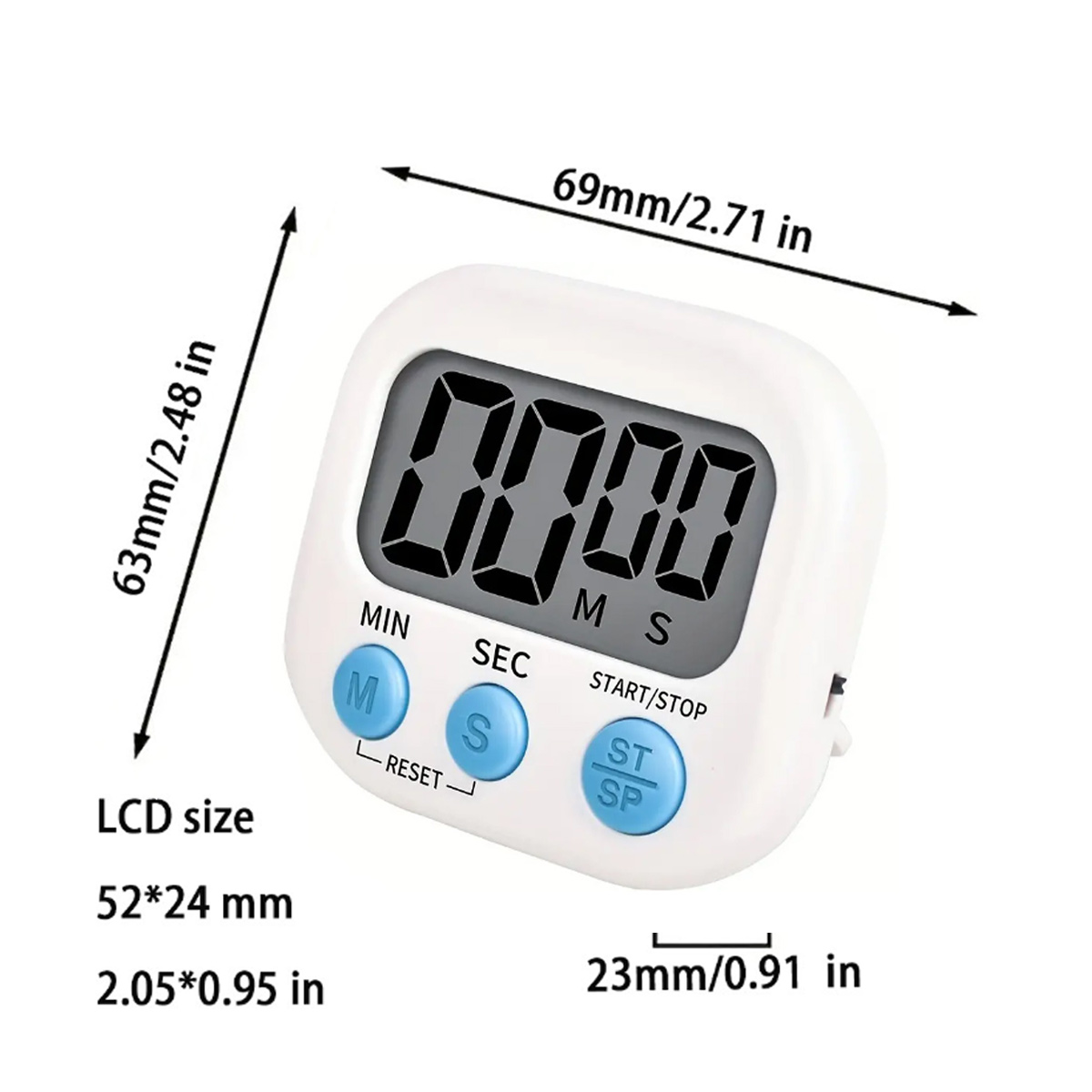 Weißer digitaler Küchentimer mit blauen Knöpfen und schwarzer Anzeige, die '0000' anzeigt. Abmessungen sind in mm und Zoll angegeben.