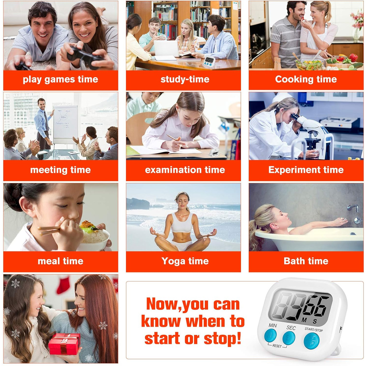 Neun Szenen: Spielen, Studieren, Kochen, Treffen, Untersuchen, Experimentieren, Essen, Yoga, Baden. Unten wird ein Timer angezeigt.