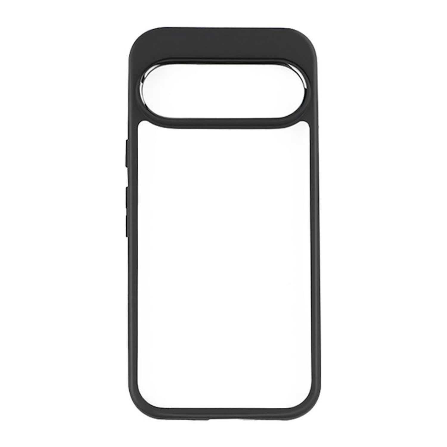 Una funda de teléfono negra. La parte superior tiene una abertura ovalada para la cámara. El resto es un rectángulo transparente.