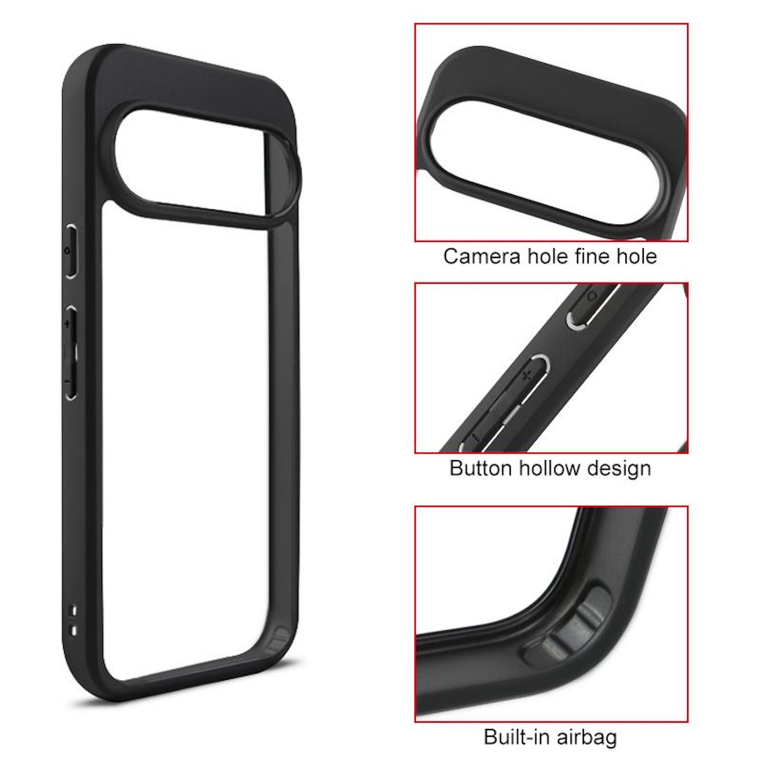 Funda negra para teléfono con parte trasera transparente. Incluye orificio para cámara, diseño hueco para botones y airbag integrado.