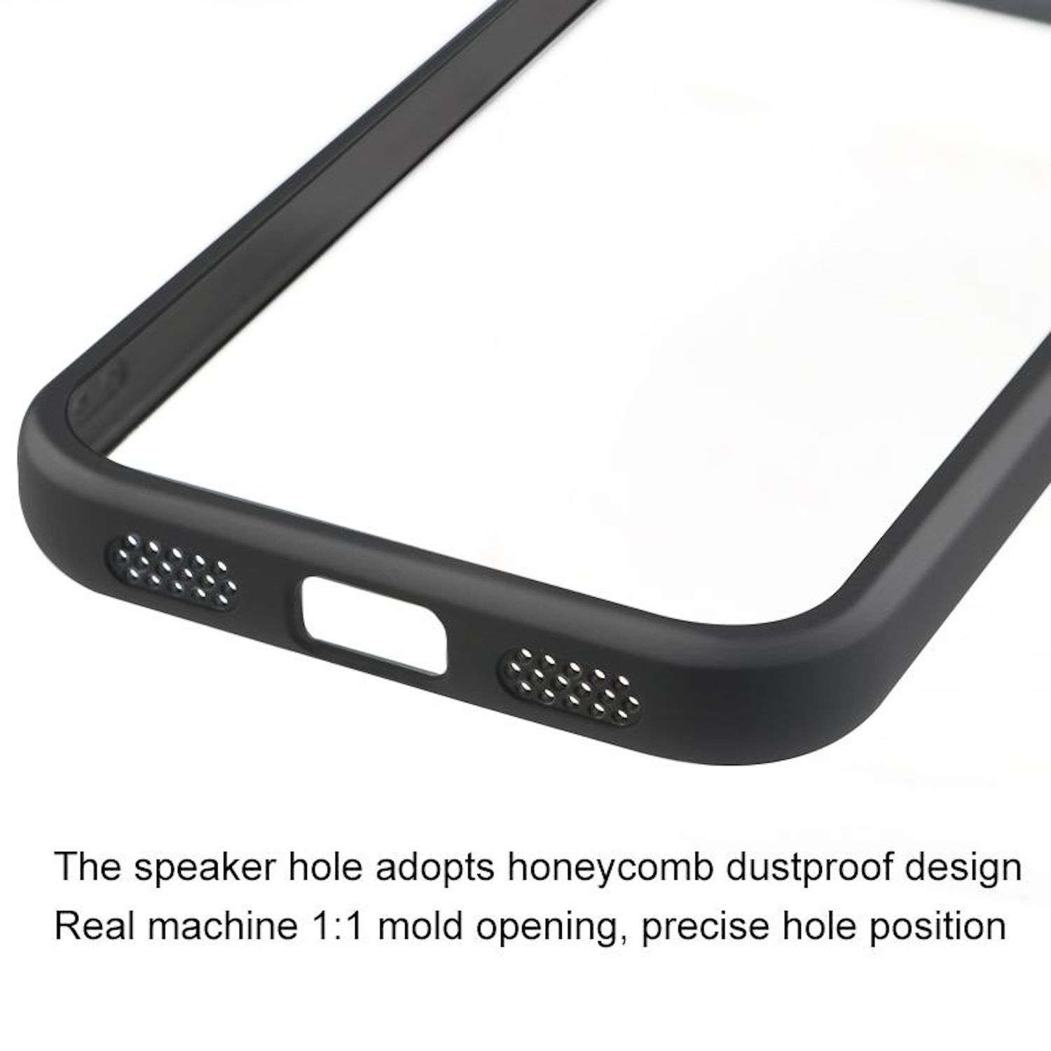 Funda negra para teléfono con orificios para altavoz. Diseño a prueba de polvo en forma de panal. Posición precisa del orificio. Interior claro. Detalle de la esquina.