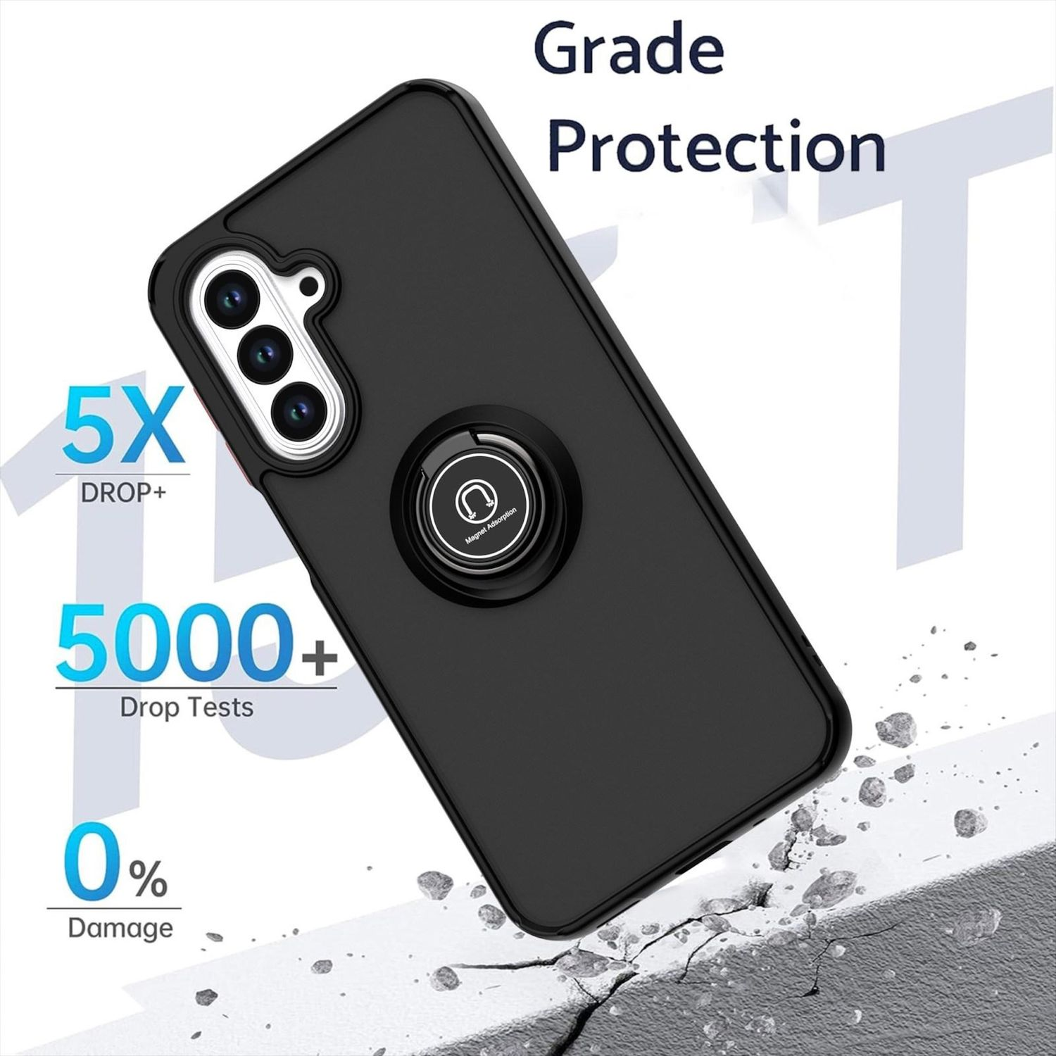 Schwarze Handyhülle mit Ringhalterung. Text: 5X Drop+, 5000+ Falltests, 0% Beschädigung. Im Hintergrund, gerissener Beton.