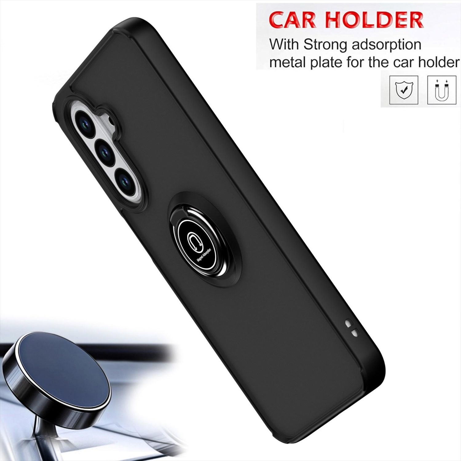 Schwarze Handyhülle mit Magnetring, Autohalterung und Text 'CAR HOLDER'. Eine separate Autohalterung befindet sich unten links.