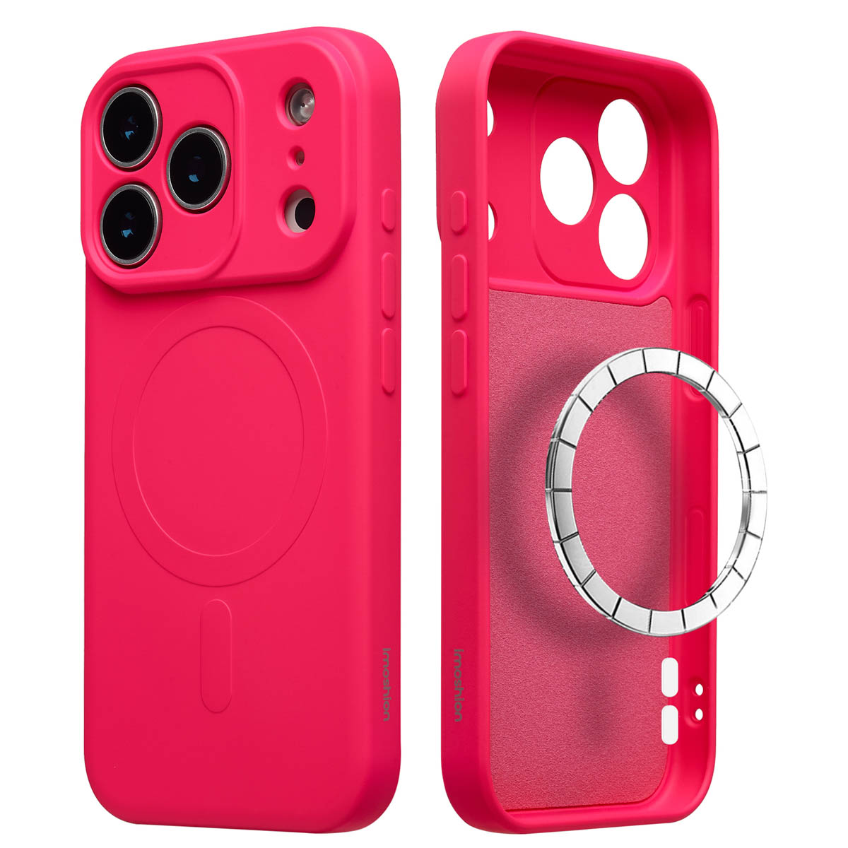 Deux coques de téléphone roses, une fermée, une ouverte, montrant l'intérieur. Un objet argenté en forme d'anneau est près de la coque ouverte.
