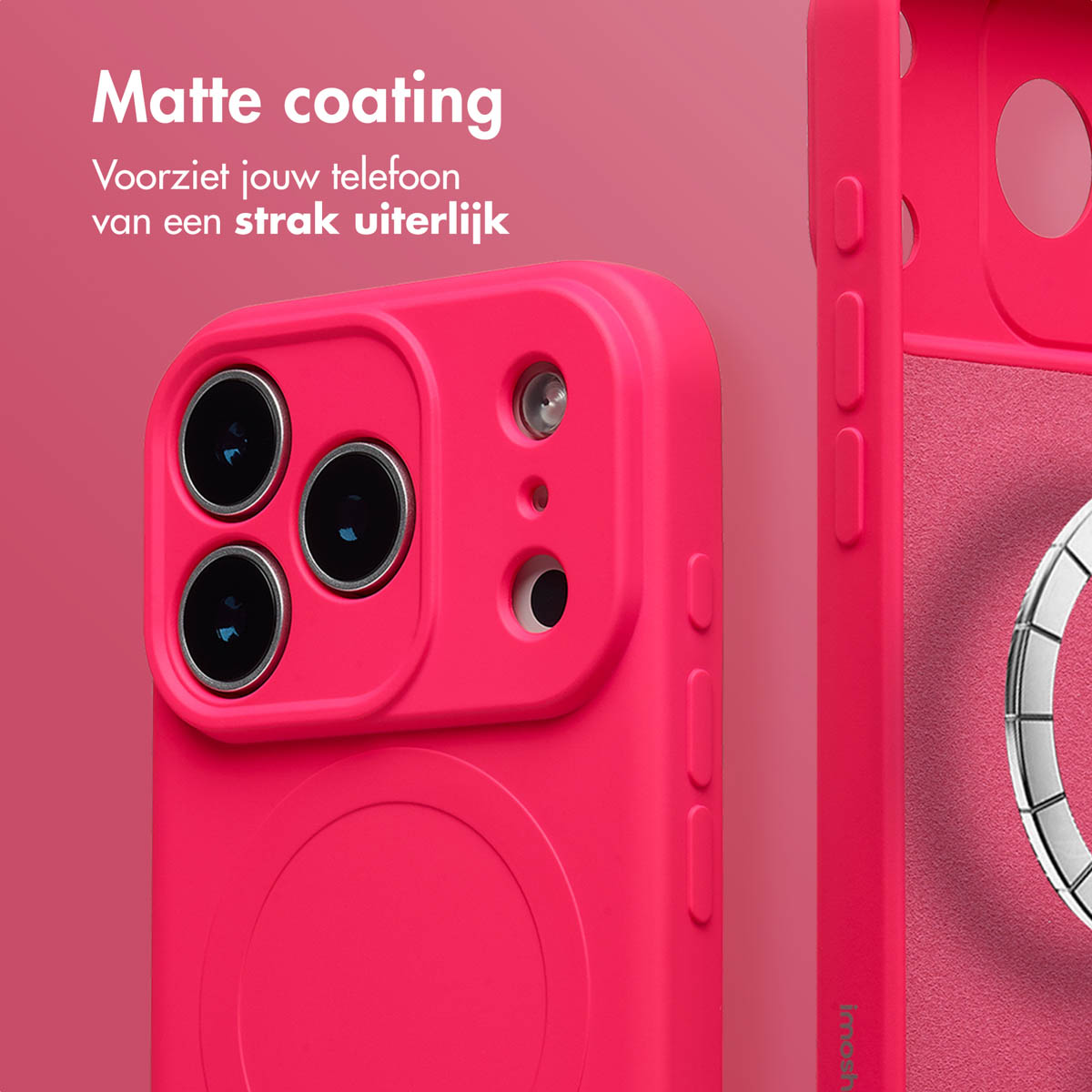 Gros plan d'une coque de téléphone rose avec finition mate, montrant les lentilles de l'appareil photo et les boutons. Texte : 'Revêtement mat'.