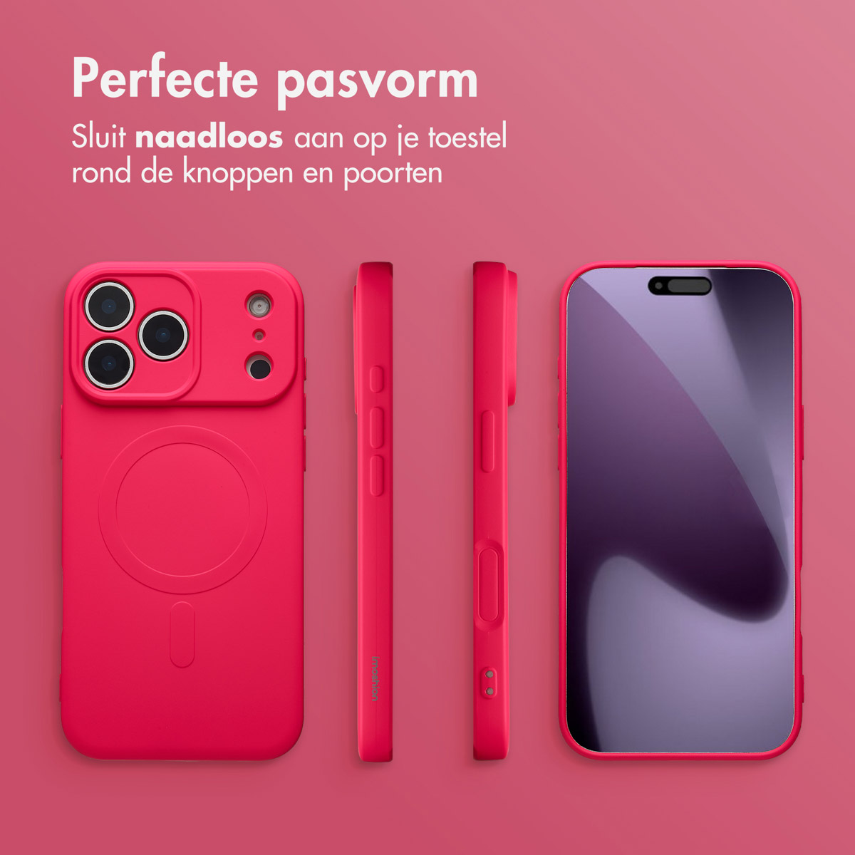 Des coques de téléphone et un téléphone roses sont affichés sur fond rose. Le texte dit 'Ajustement parfait'.