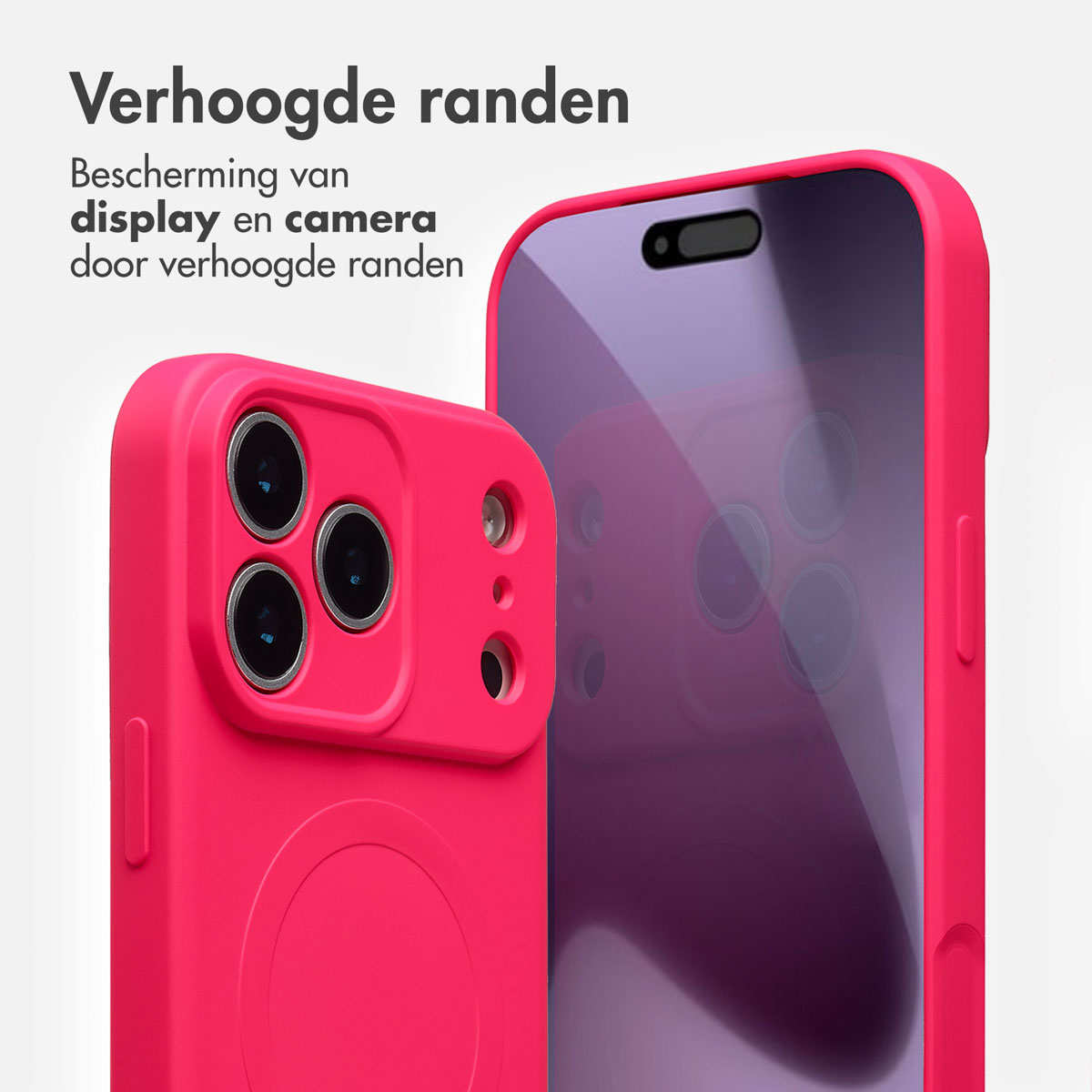 Deux étuis de téléphone roses. L'un montre des lentilles de caméra. Le texte dit 'Bords surélevés' et 'Protection de l'écran et de l'appareil photo'.