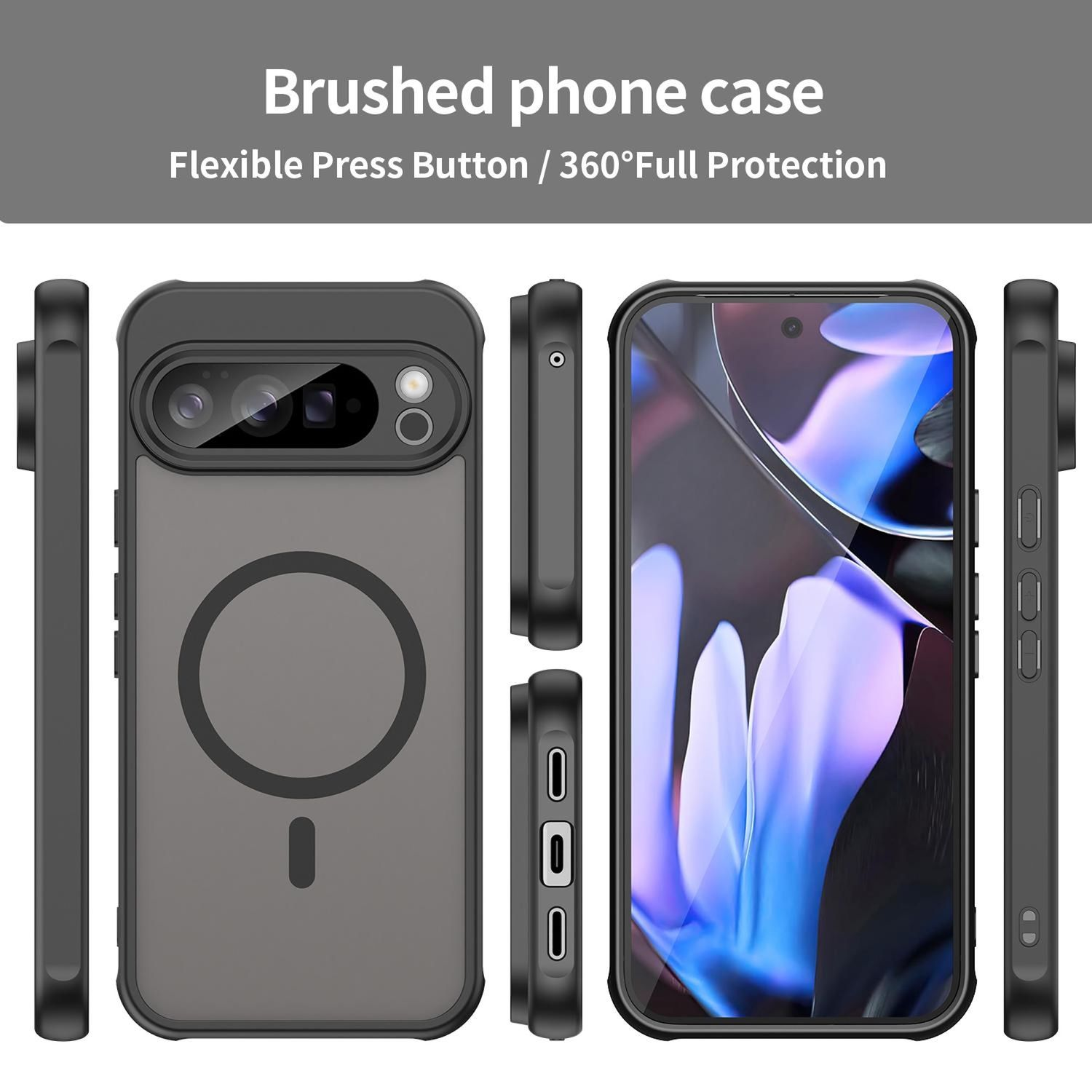 Eine Handyhülle mit gebürstetem Design. Die Hülle ist schwarz mit einer durchsichtigen Rückseite, die den Bildschirm des Telefons zeigt.