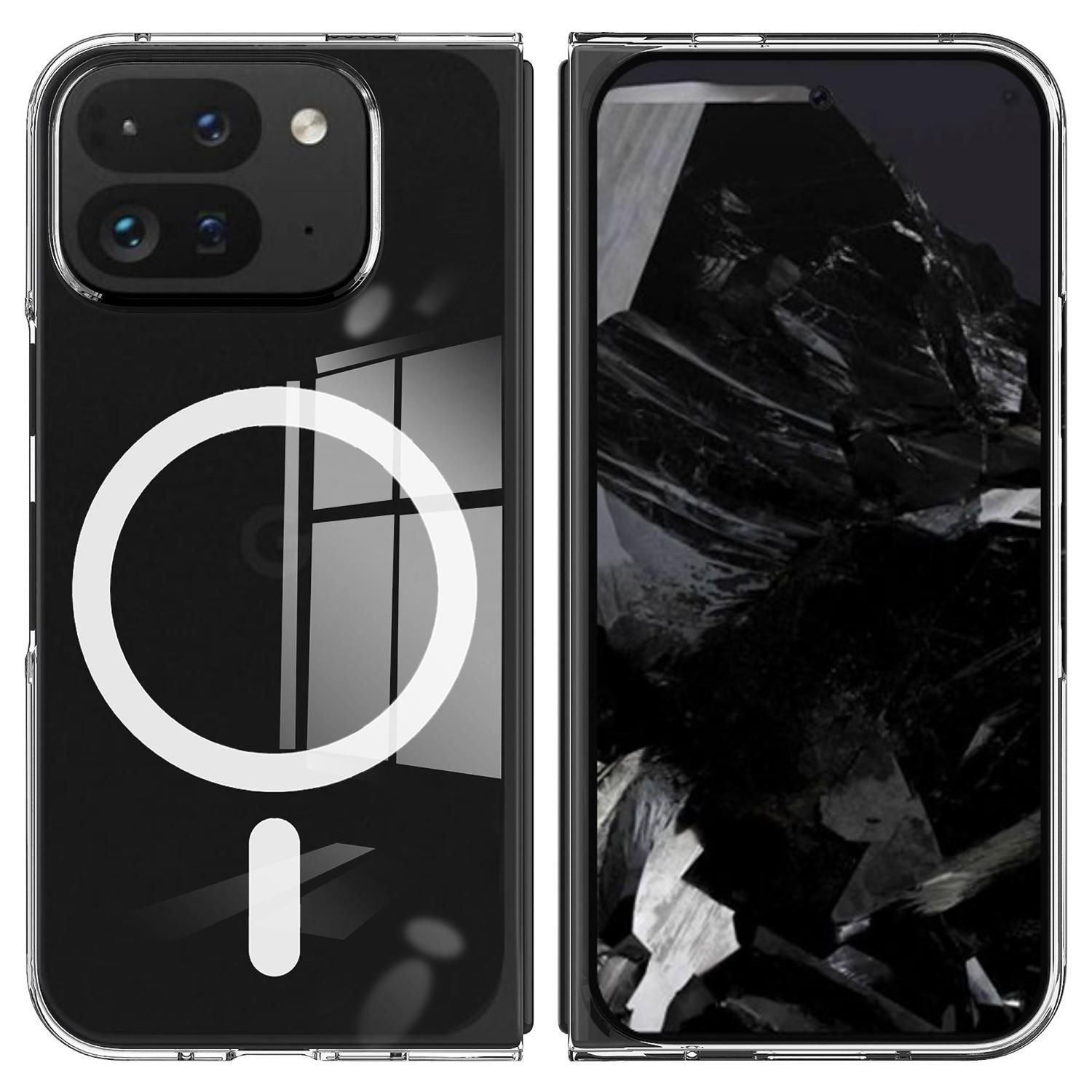 Funda de teléfono negra con un círculo blanco y un signo menos. Una pantalla negra muestra una imagen abstracta y fracturada.