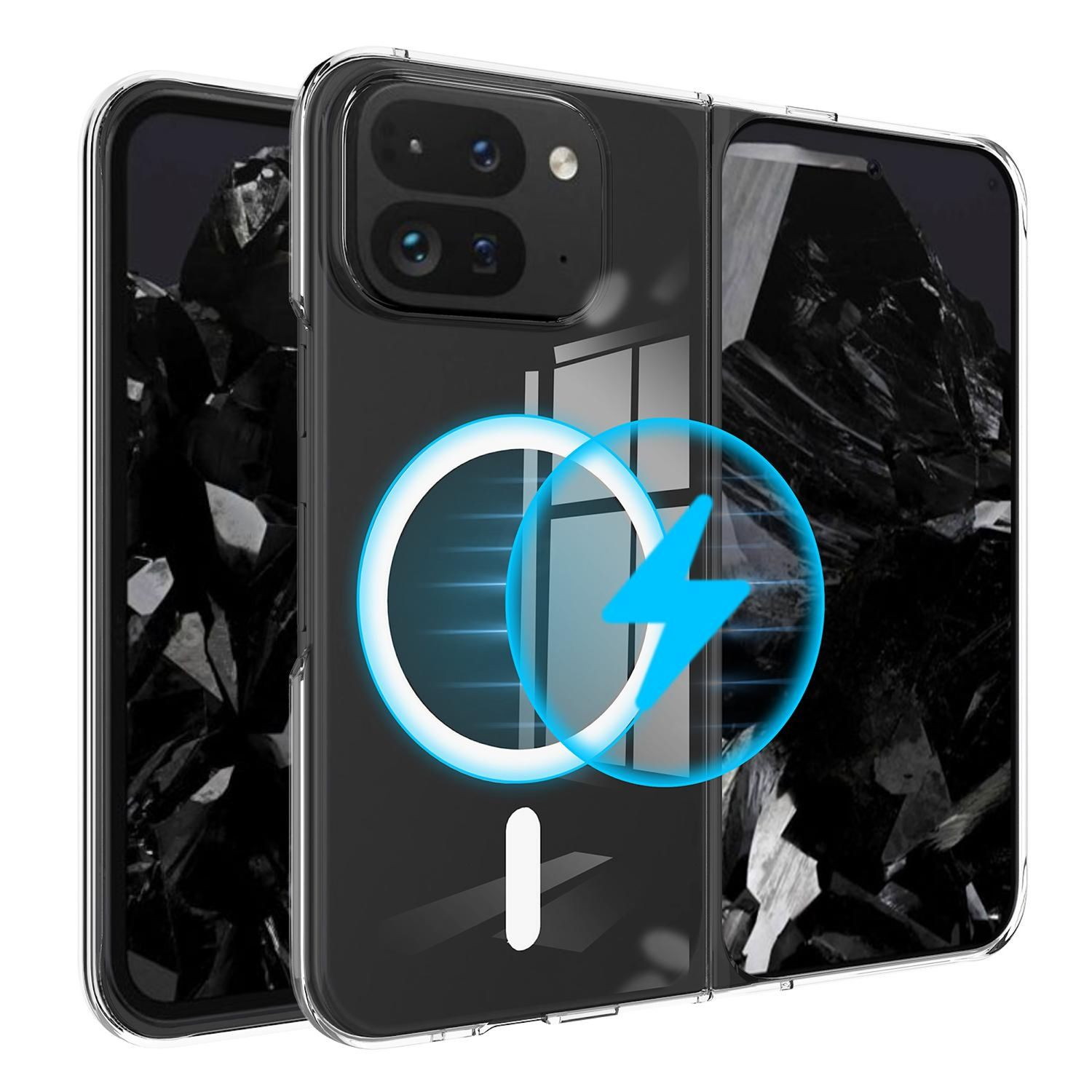 Una funda transparente para teléfono con un símbolo de carga azul. La funda tiene un teléfono negro en el interior, con un fondo oscuro.
