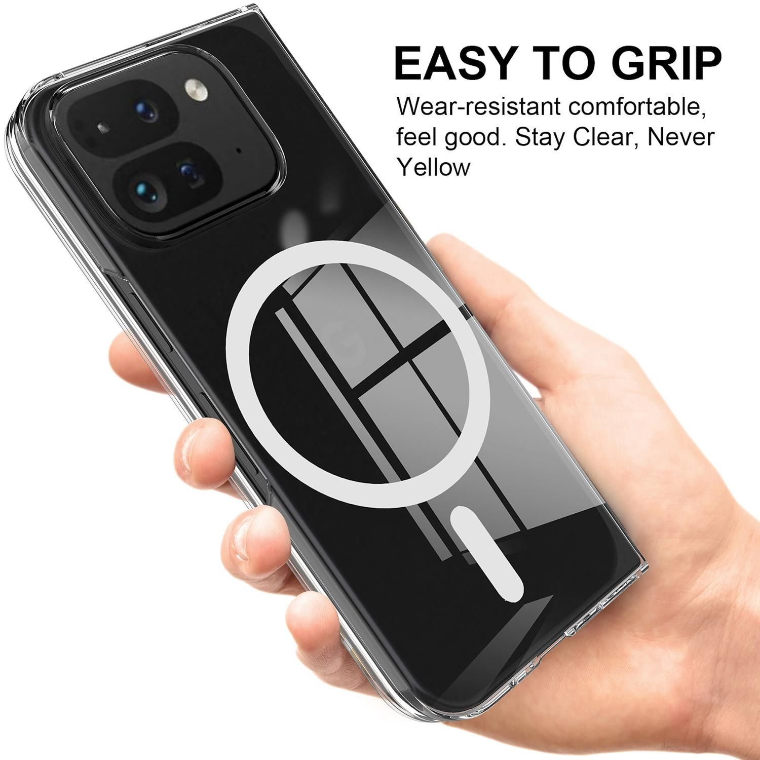 Una mano sosteniendo una funda transparente para teléfono con un diseño circular blanco y texto que dice 'EASY TO GRIP'.