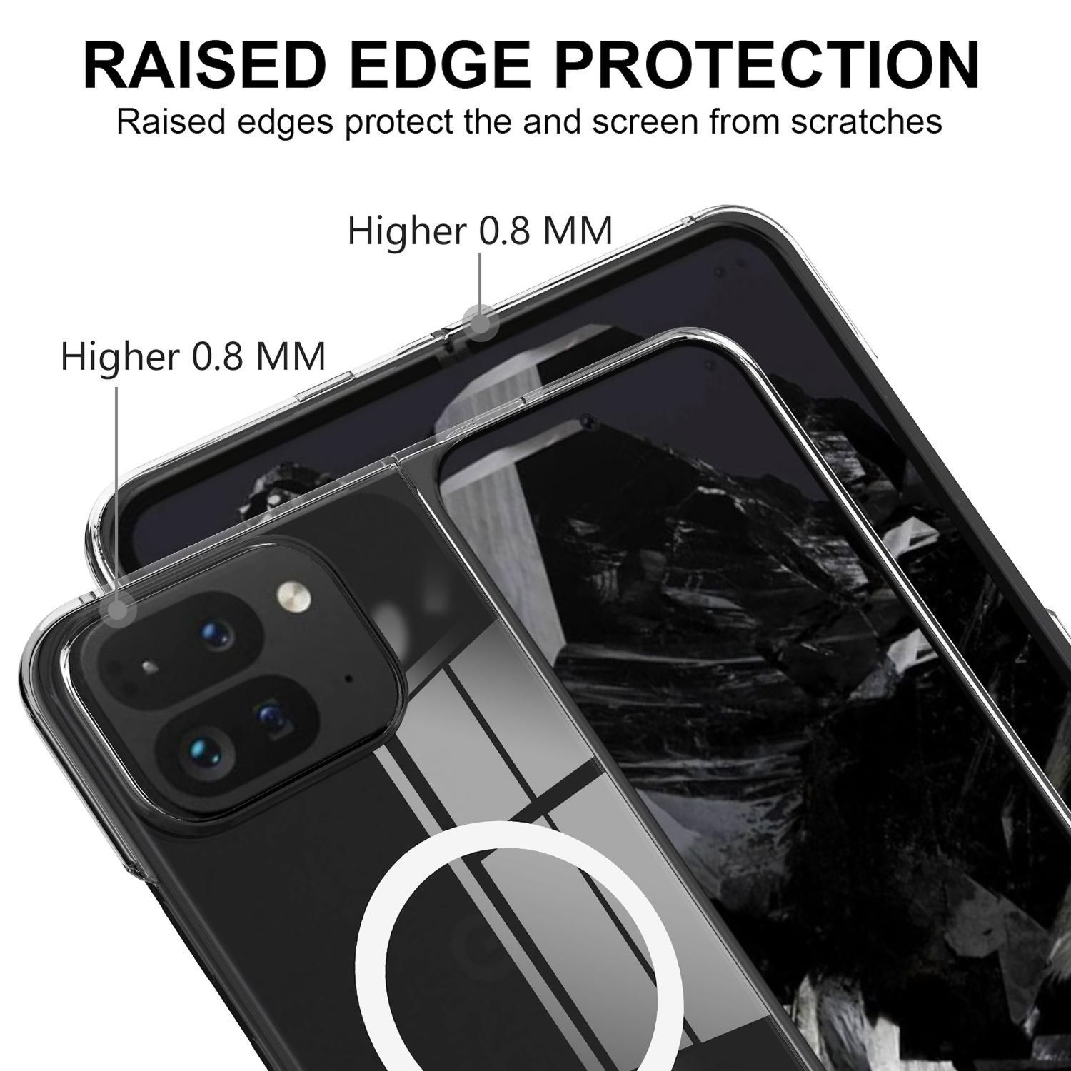 Se muestra una funda transparente para teléfono con bordes elevados. La funda está sobre un teléfono con fondo negro. El texto resalta la protección de los bordes.
