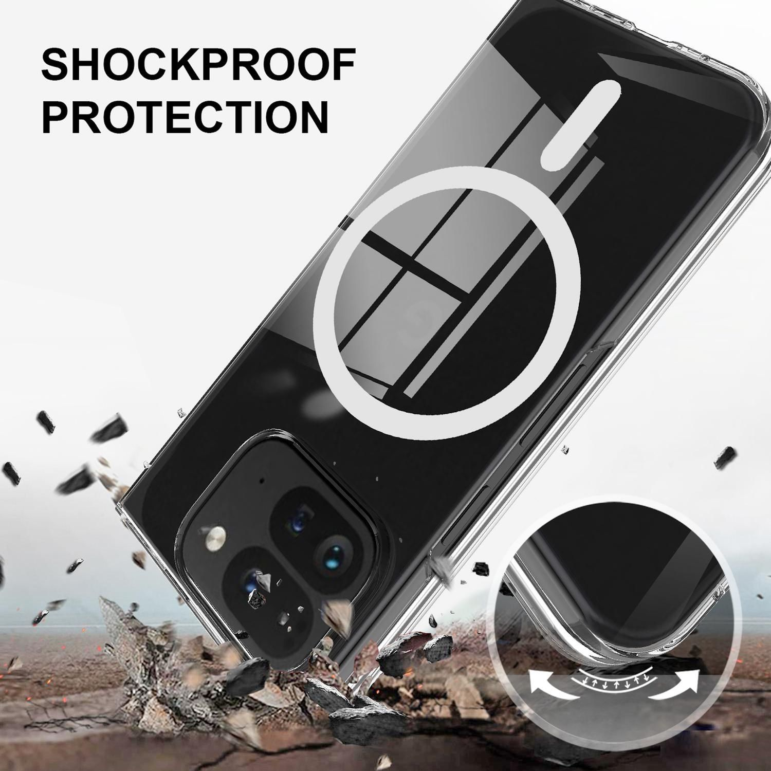 Una funda transparente para teléfono con un círculo blanco y un teléfono negro dentro. La funda cae y rompe rocas.