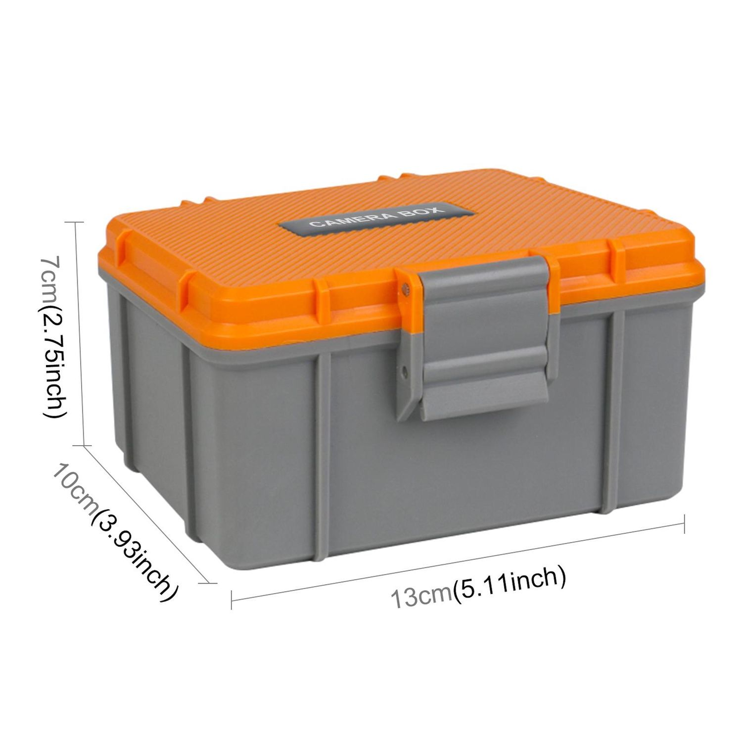 Eine orangefarbene Box mit grauem Korpus und der Aufschrift 'CAMERA BOX'. Maße: 13 cm x 10 cm x 7 cm. Hat einen Verschluss.