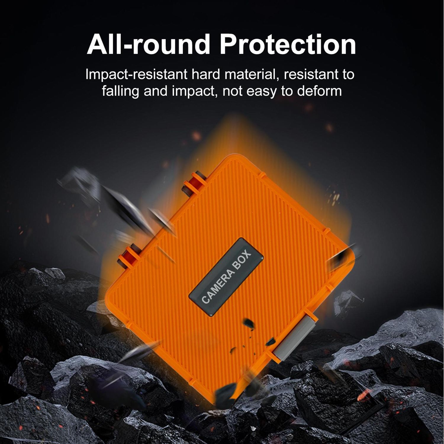 Eine orangefarbene Kamerabox mit der Aufschrift "CAMERA BOX". Der Hintergrund ist dunkel mit dem Text "All-round Protection".