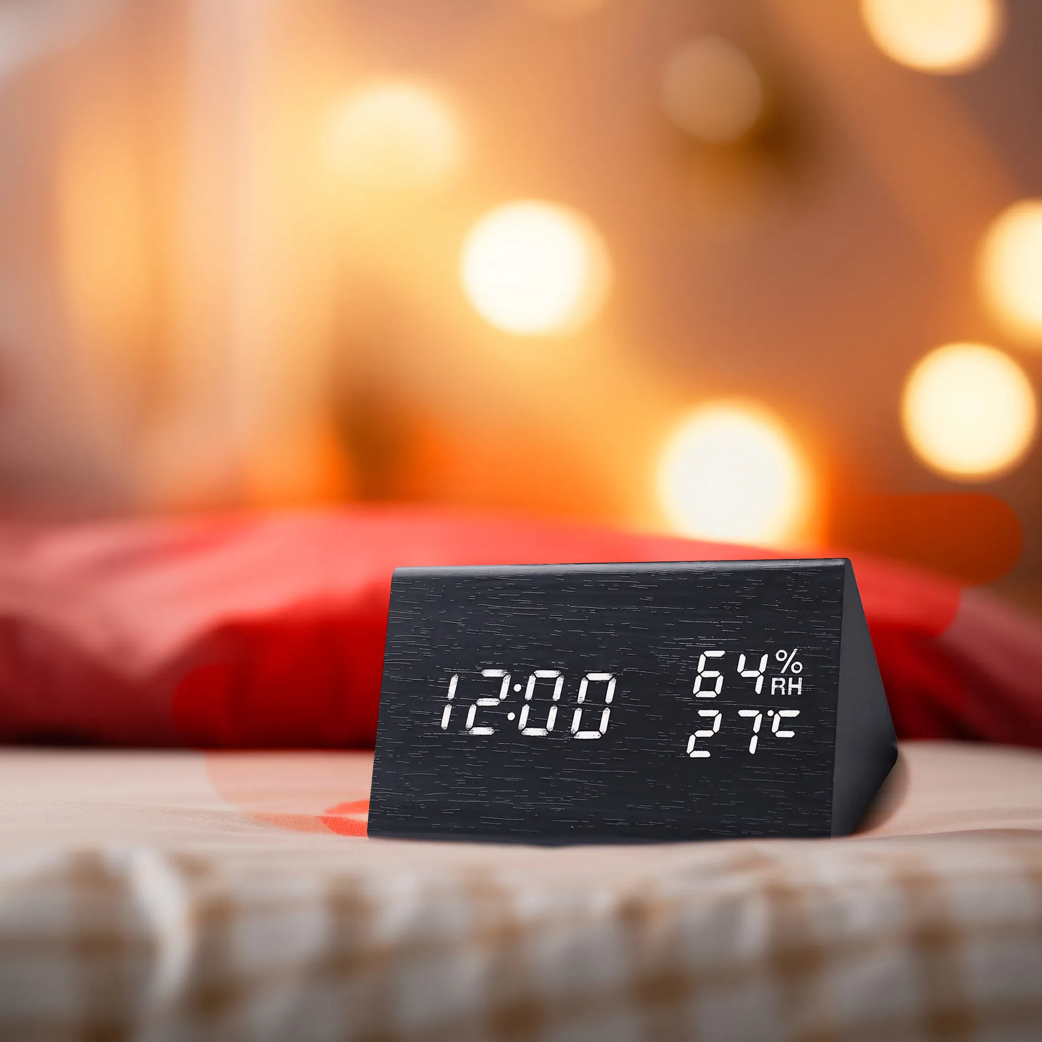 Eine schwarze Digitaluhr mit 12:00 Uhr, 64 % Luftfeuchtigkeit und 27 Grad Celsius auf einem Bett mit rotem Kissen.