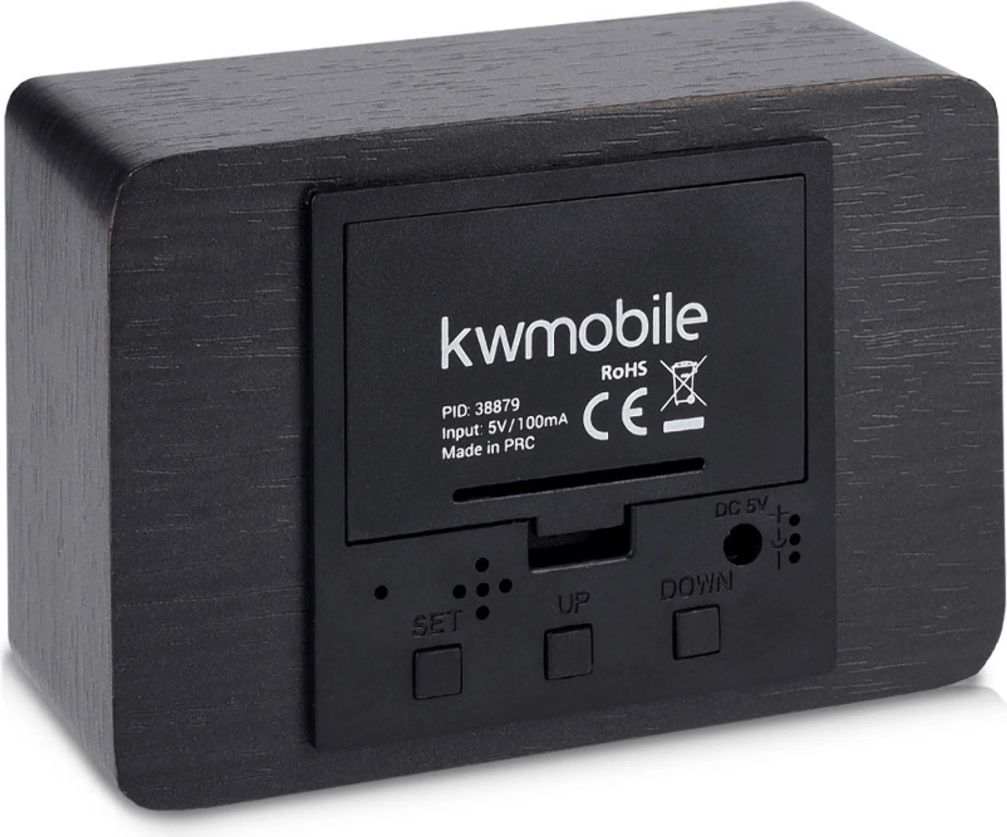 Eine schwarze Holzuhr mit einer schwarzen Platte mit kwmobile-Logo, Knöpfen und technischen Details.