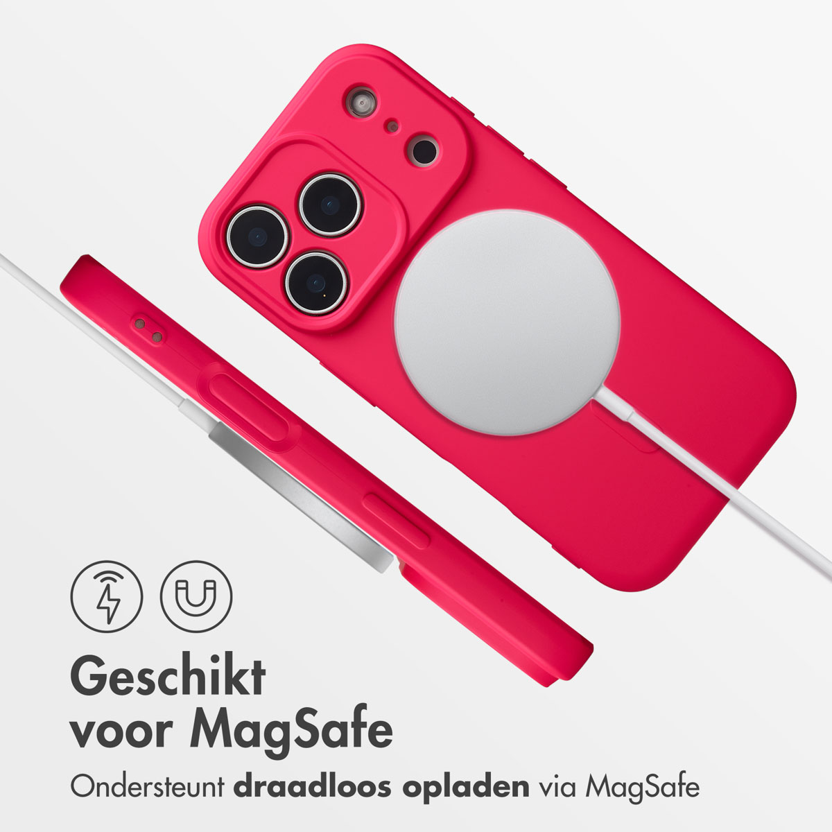 Een rode telefoonhoes met een MagSafe-oplader. Een apart rood stuk is met een witte kabel verbonden met de hoes. Tekst: Geschikt voor MagSafe.
