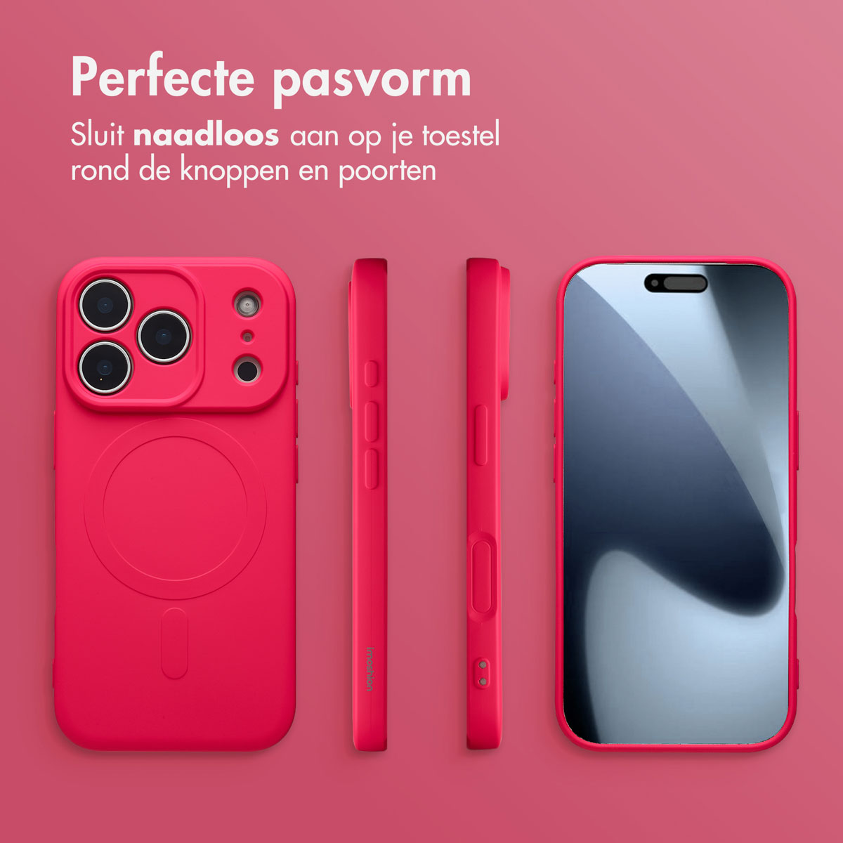 Rode telefoonhoesjes set. Eén hoesje voorkant, twee zijkanten en telefoon met scherm. Tekst: Perfecte pasvorm, naadloze pasvorm rond knoppen en poorten.