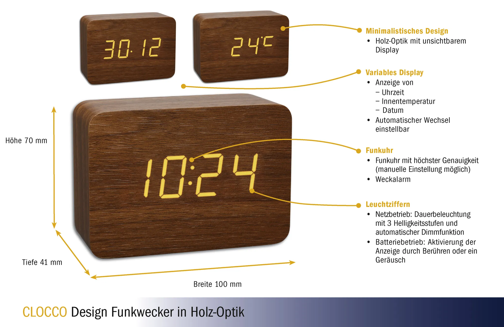 Digitaluhr in Holzoptik mit Anzeige 10:24, zwei kleinere Uhren zeigen 30:12 und 24°C. Text hebt Funktionen hervor.
