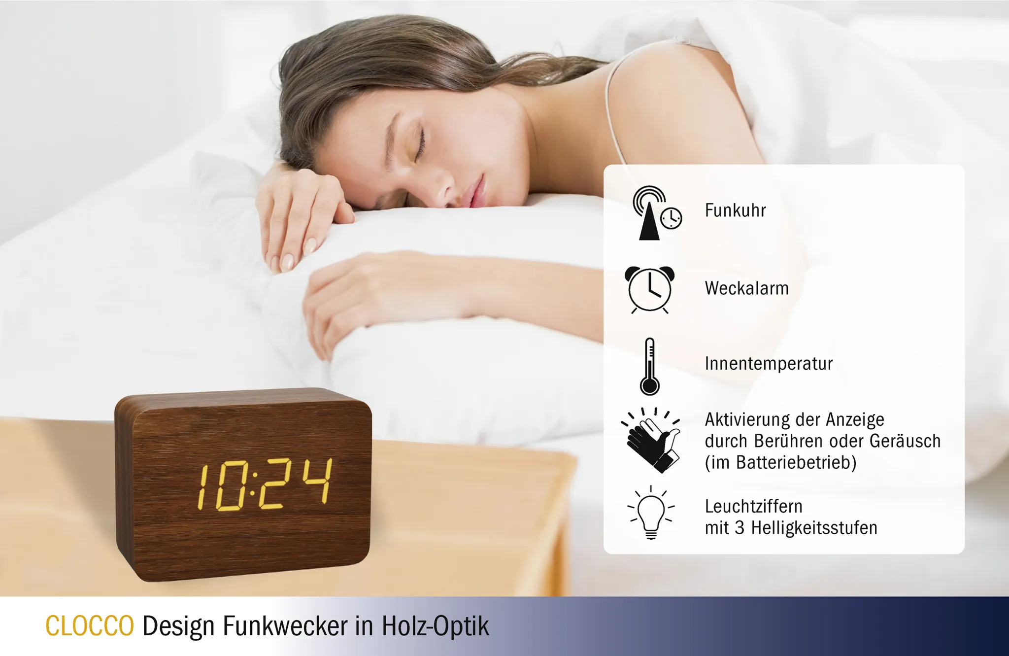 Eine Frau schläft im Bett. Eine Holzuhr zeigt 10:24. Zu den Funktionen gehören Funkuhr, Wecker, Temperatur und Berührungsaktivierung.