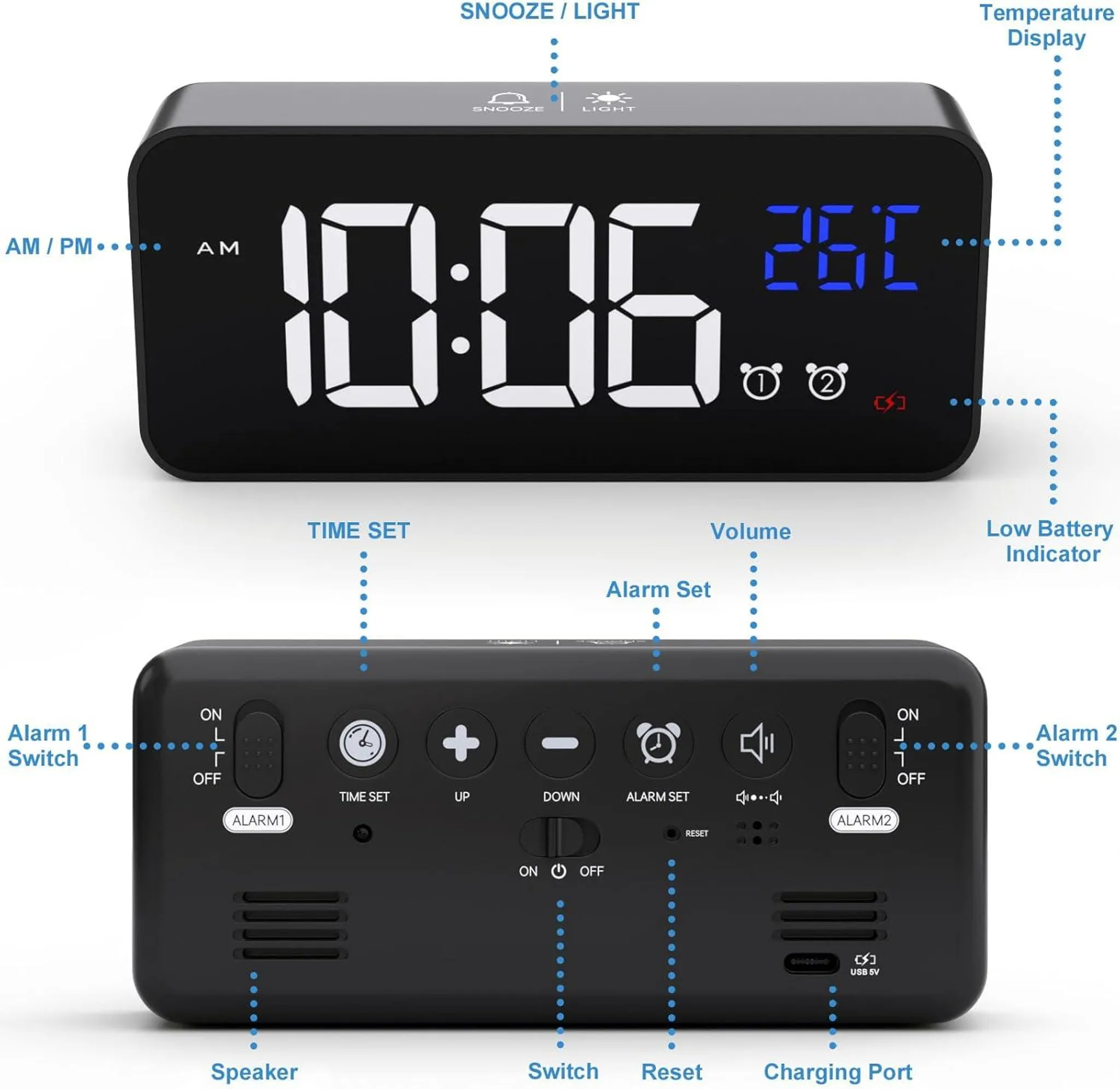 Schwarzer digitaler Wecker mit Anzeige von Zeit und Temperatur. Mit Tasten für Alarm, Lautstärke und Einstellungen.