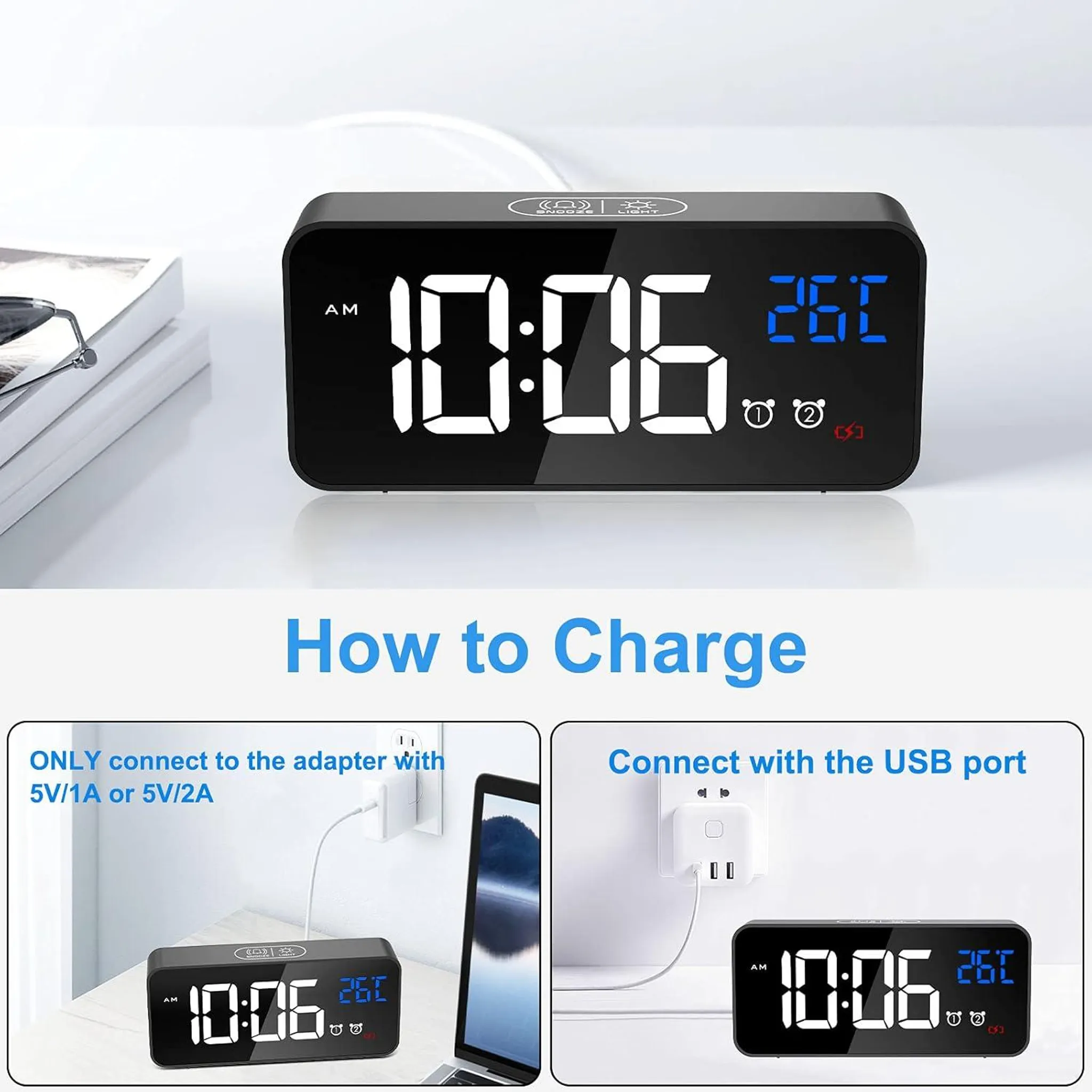Eine schwarze Digitaluhr, die 10:06 und 26C anzeigt, Anweisungen zum Laden mit Adapter oder USB-Anschluss und zusätzliche Symbole.