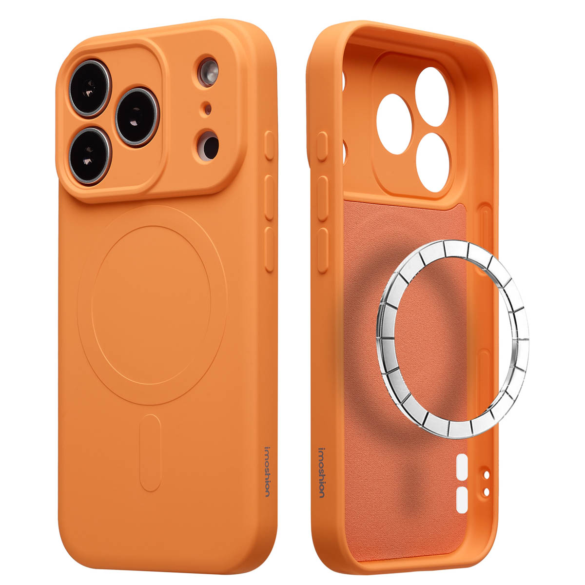 Twee oranje telefoonhoesjes met een zilveren ring. Eén hoesje is intact, de andere is open. Beide hebben het imoshion-logo.