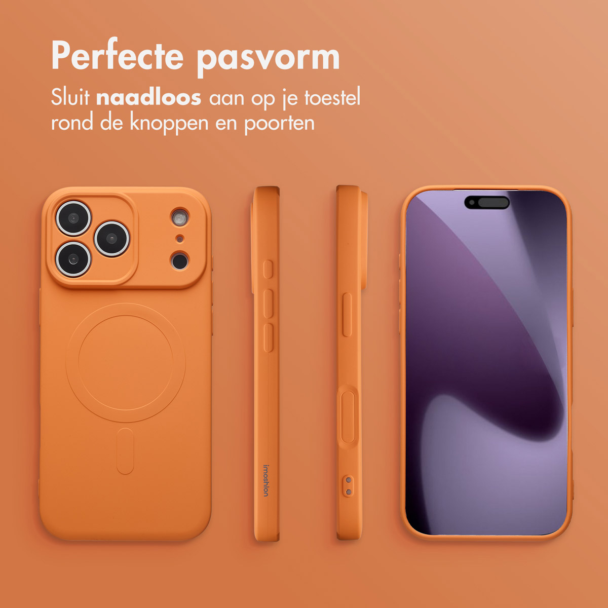 Oranje telefoonhoesje met een iPhone, zijaanzichten en de tekst 'Perfecte pasvorm'. De hoes is oranje. De achtergrond is ook oranje.
