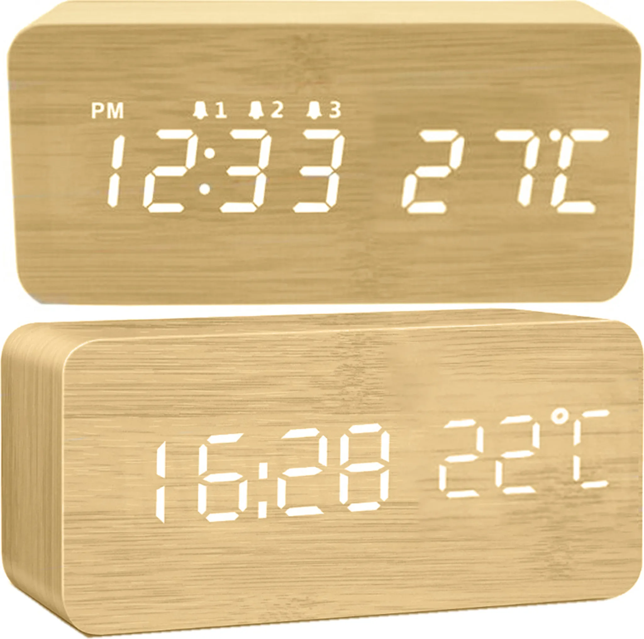 Zwei digitale Holzuhren. Die obere zeigt 12:33 und 27°C, die untere zeigt 16:28 und 22°C. Beide haben weiße Digitalanzeigen.