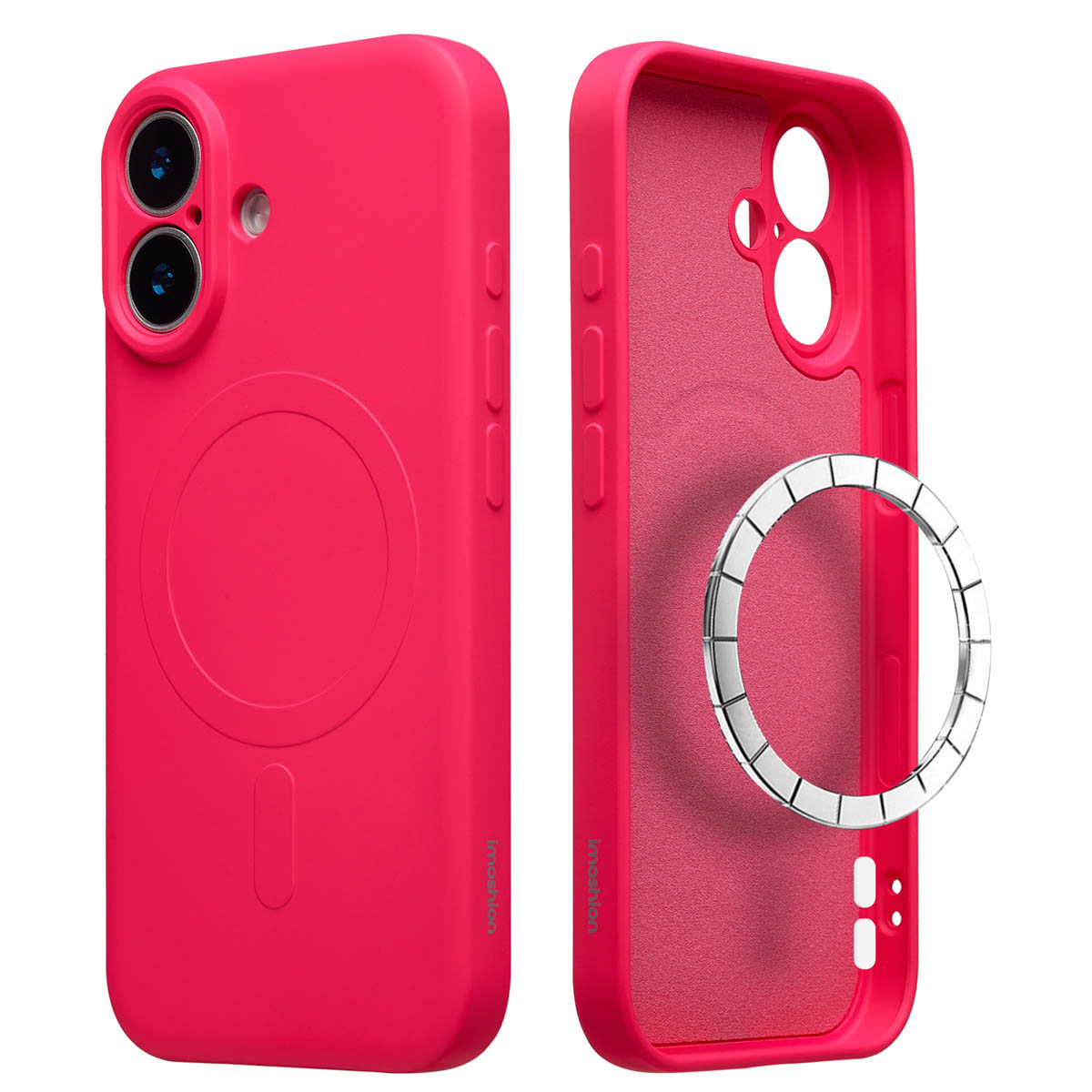 Magenta telefoonhoesje in twee delen. Eén toont de buitenkant met camera en cirkel. De andere toont de binnenkant en een zilveren ring.