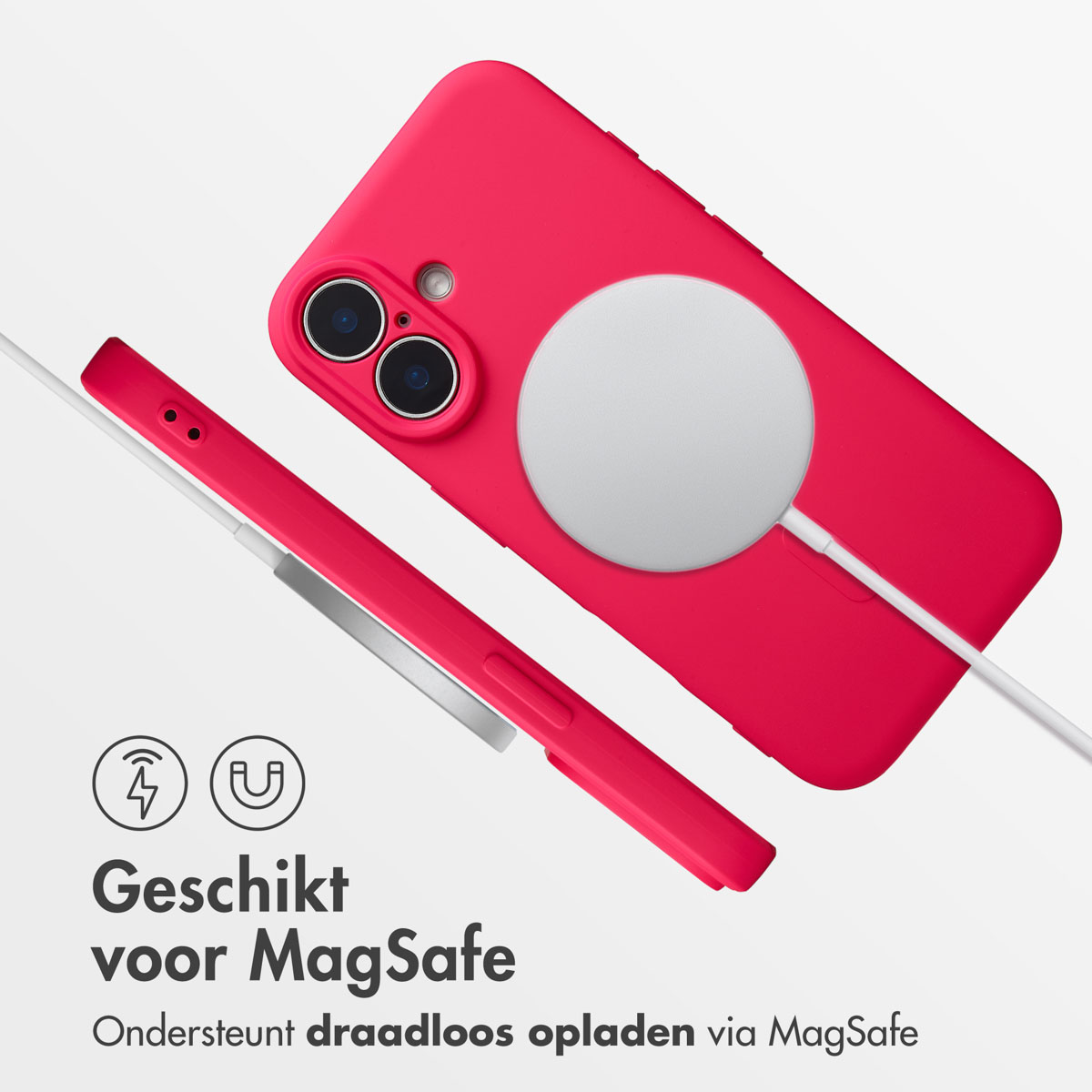 Une coque de téléphone rose avec un chargeur MagSafe blanc. Le téléphone se recharge sans fil. Le texte dit "Adapté à MagSafe".