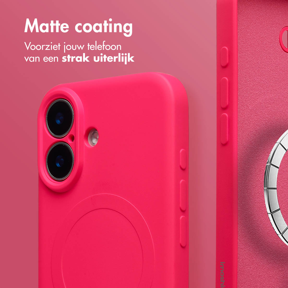 Een close-up van een felroze telefoonhoesje. De hoes heeft een matte afwerking en een magnetische ringhouder. De camera van de telefoon is zichtbaar.