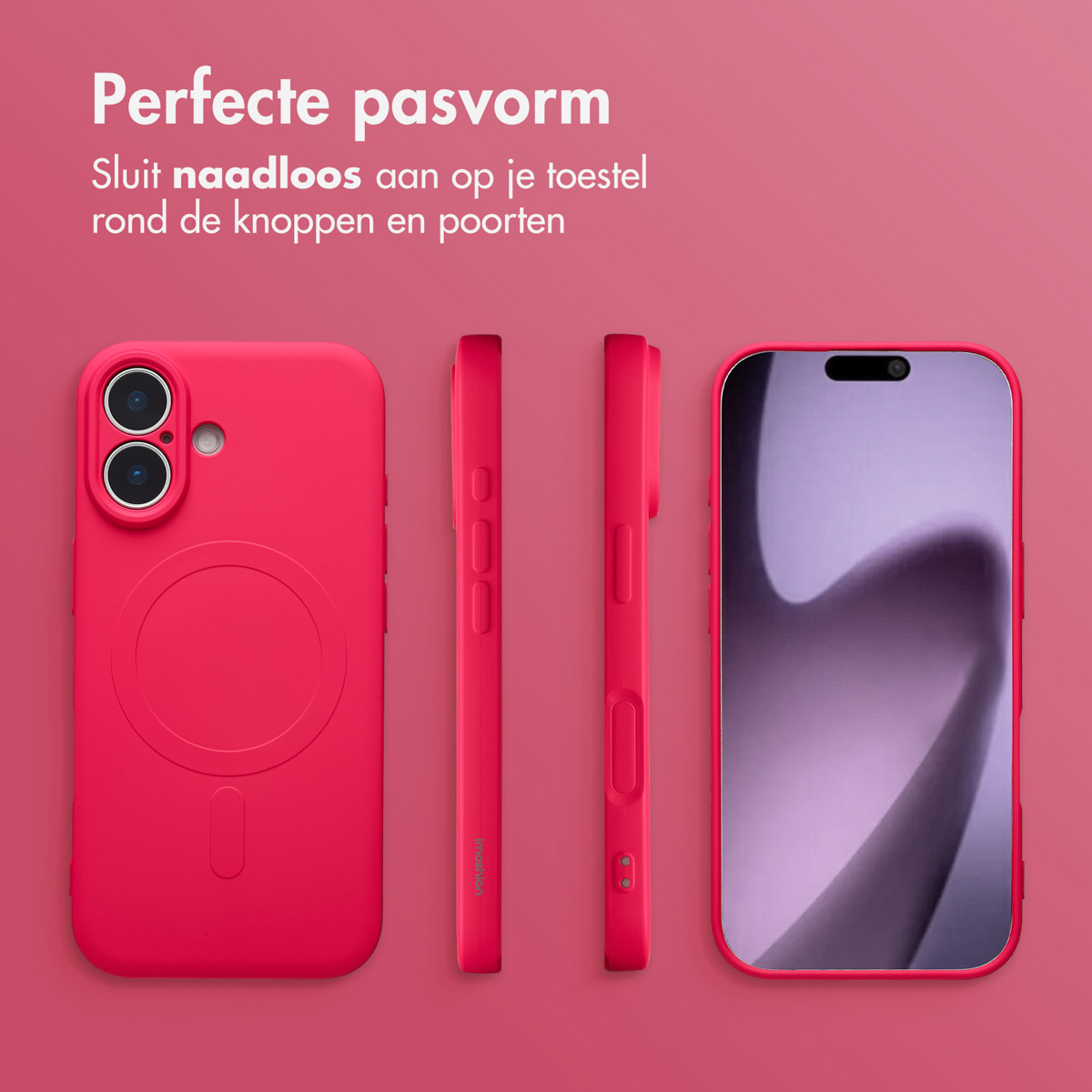 Roze telefoonhoesje en telefoon. De hoes wordt vanuit verschillende hoeken getoond: voorkant, zijkant en achterkant. Roze achtergrond met tekst bovenaan.