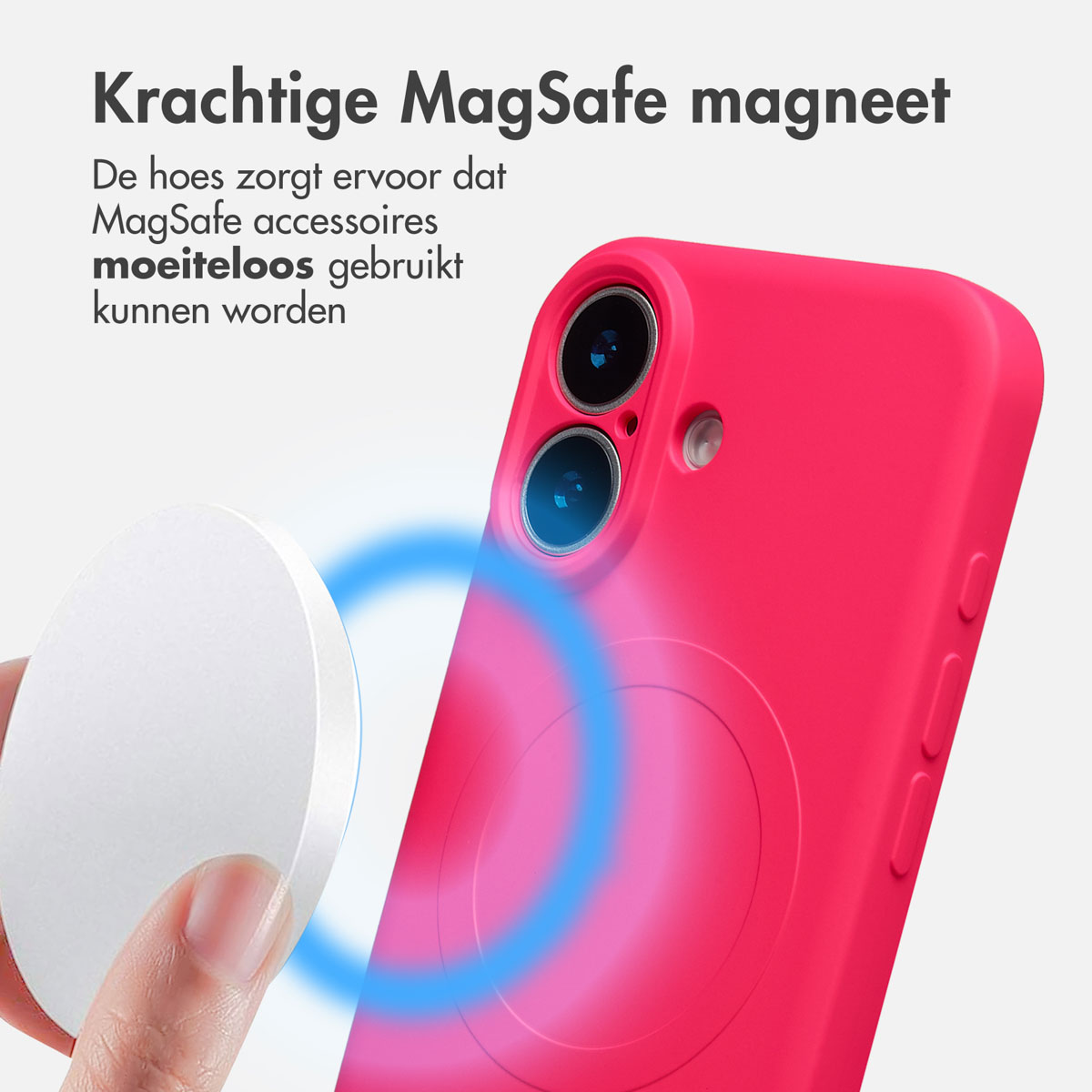 Een roze telefoonhoesje met een MagSafe-accessoire dat wordt bevestigd. Blauwe magnetische veldlijnen zijn zichtbaar. Tekst: Krachtige MagSafe magneet.