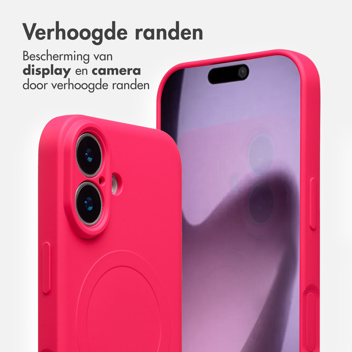Twee roze telefoonhoesjes, één met zichtbare camera's. Tekst: Verhoogde randen, bescherming van display en camera.