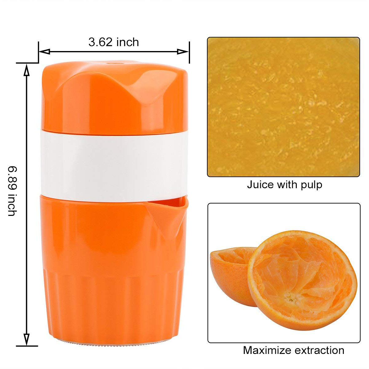 Orangen-Zitruspresse mit Maßen. Daneben Saft mit Fruchtfleisch und eine leere Zitrusfrucht. Aufschrift: 'Maximale Extraktion'.