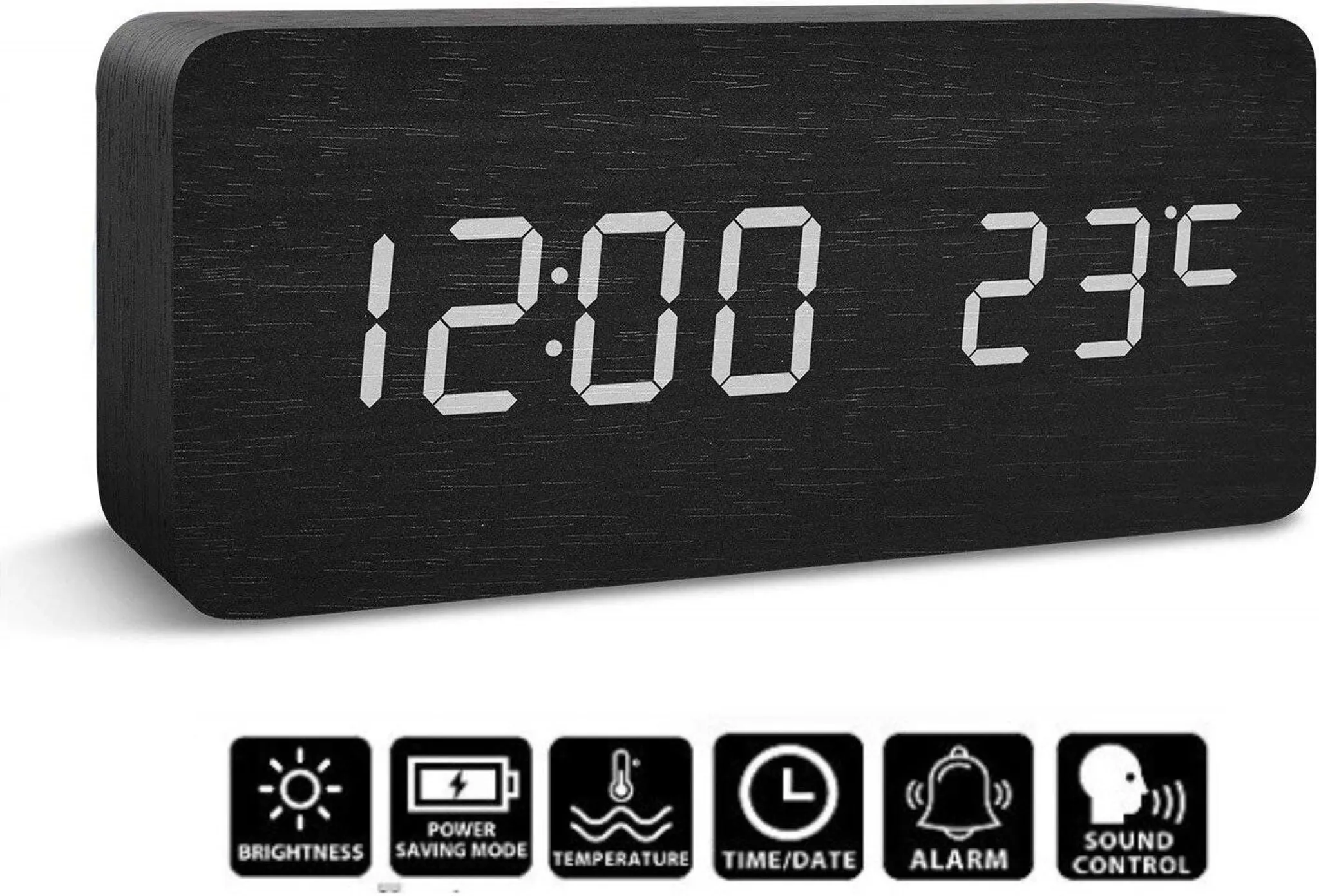 Schwarze Digitaluhr mit Anzeige 12:00 und 23 Grad Celsius. Symbole für Helligkeit, Energiesparmodus, Temperatur, Zeit/Datum, Alarm und Tonsteuerung.
