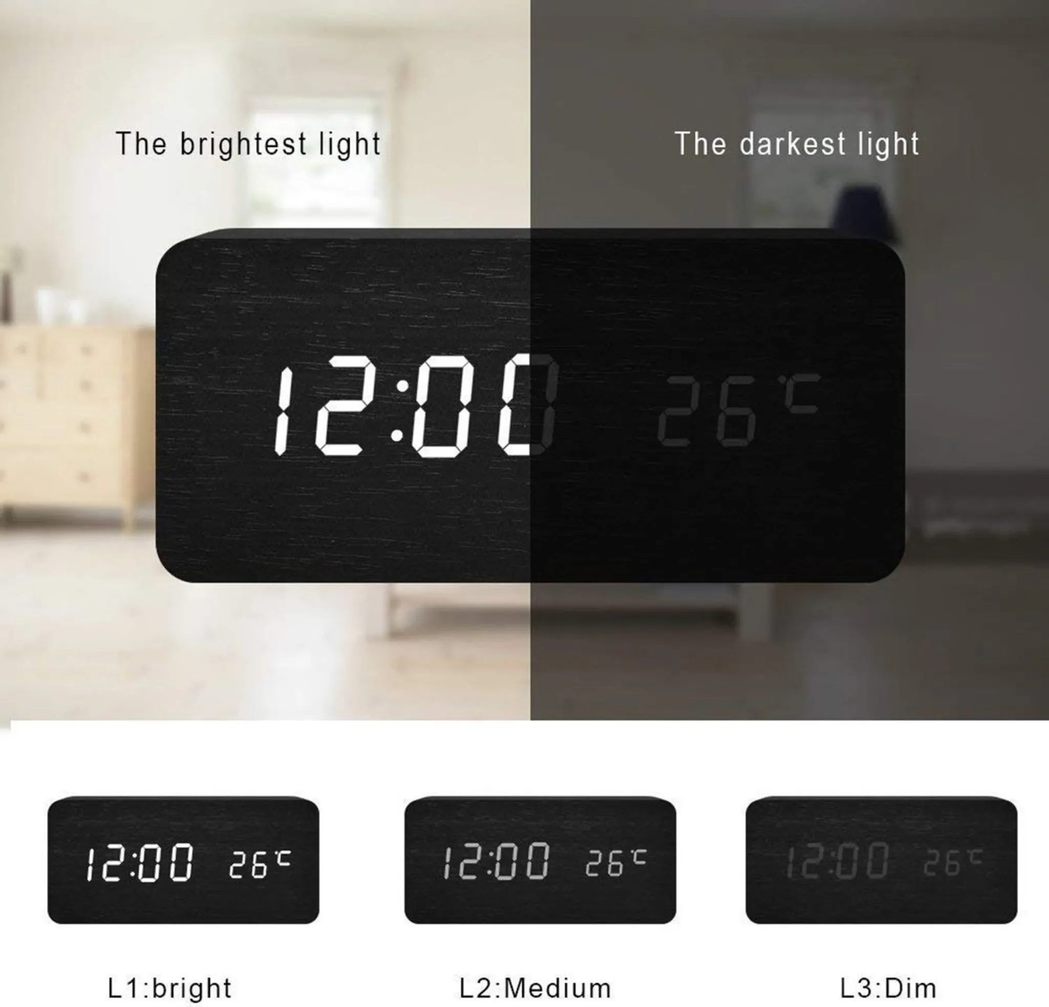 Eine schwarze Digitaluhr zeigt 12:00 und 26°C an. Das Bild zeigt verschiedene Helligkeitseinstellungen, beschriftet mit L1, L2 und L3.