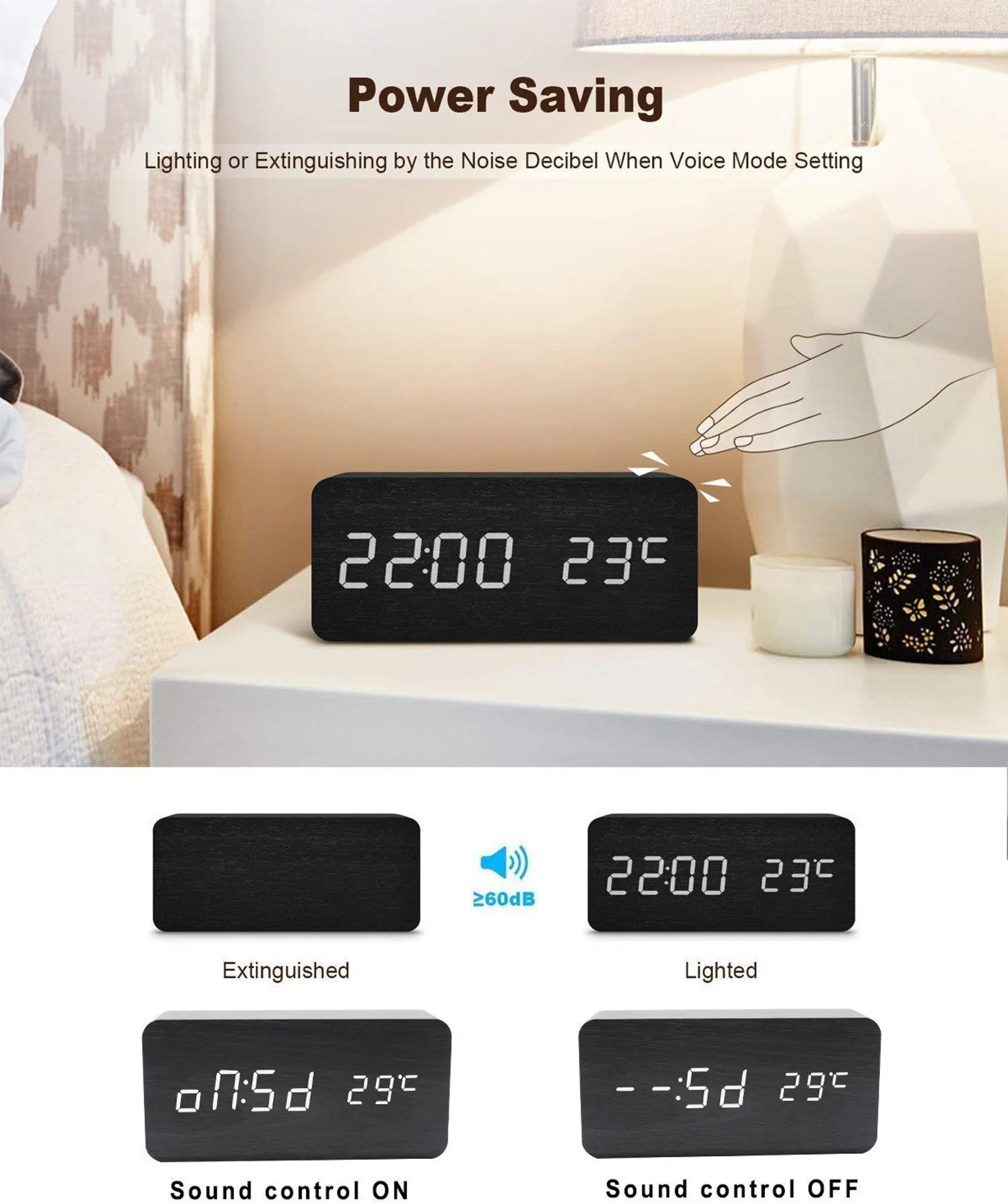 Eine schwarze Holzuhr zeigt 22:00 und 23°C an. Die Uhr steht auf einem weißen Tisch mit Lampe, Kerze und Deko.
