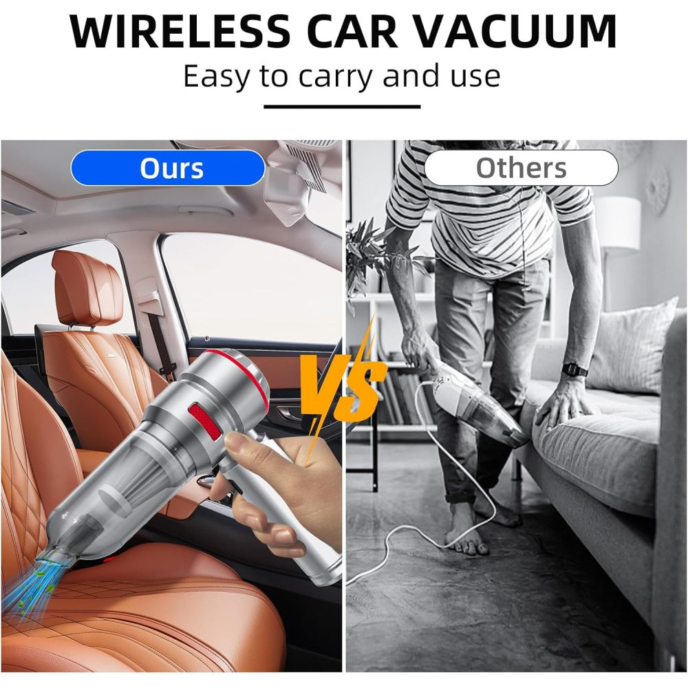 Das Bild zeigt einen Vergleich zwischen einem kabellosen Autostaubsauger und einem Staubsauger mit Kabel. Der kabellose ist im Auto zu sehen, der andere auf einer Couch.
