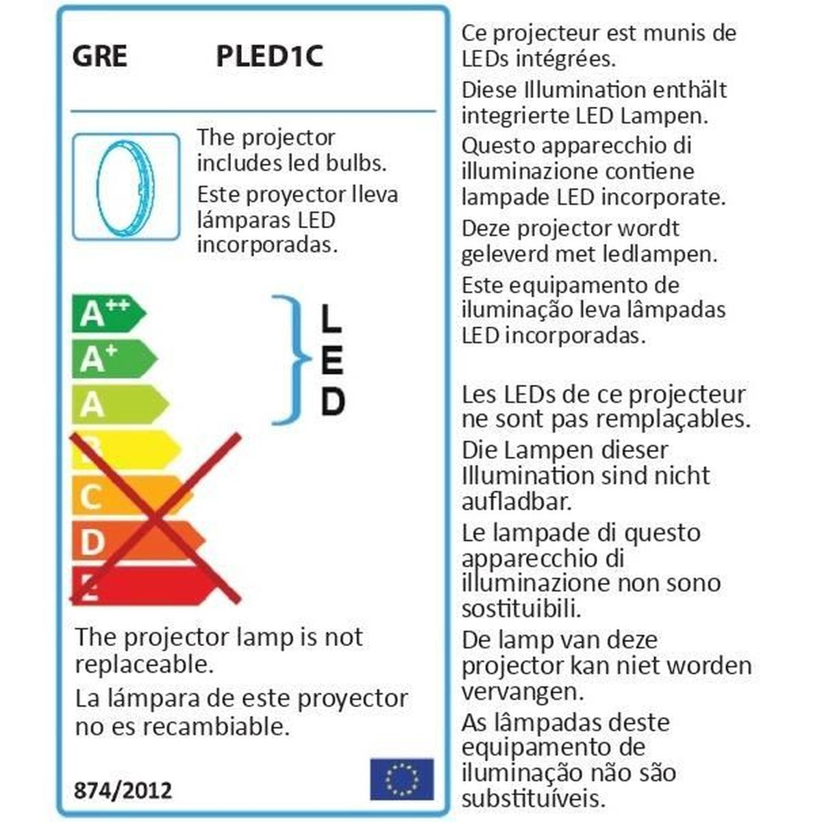 Ein Etikett mit Informationen zur Energieeffizienz. Es besagt, dass der Projektor LED-Lampen enthält und die Lampe nicht austauschbar ist.